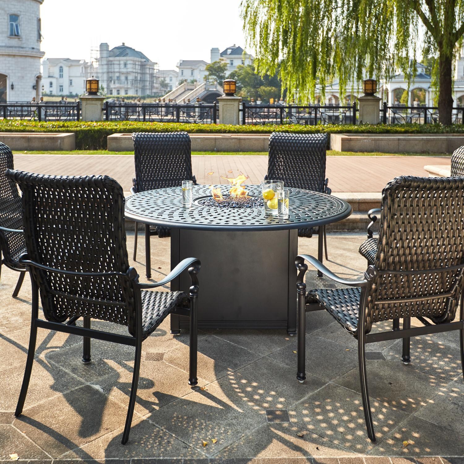 Darlee 501210-7PC-60GD Victoria 7 Piece Resin Wicker Patio Fire Pit Dining Set W/ 60 Inch Round Table thumbnail