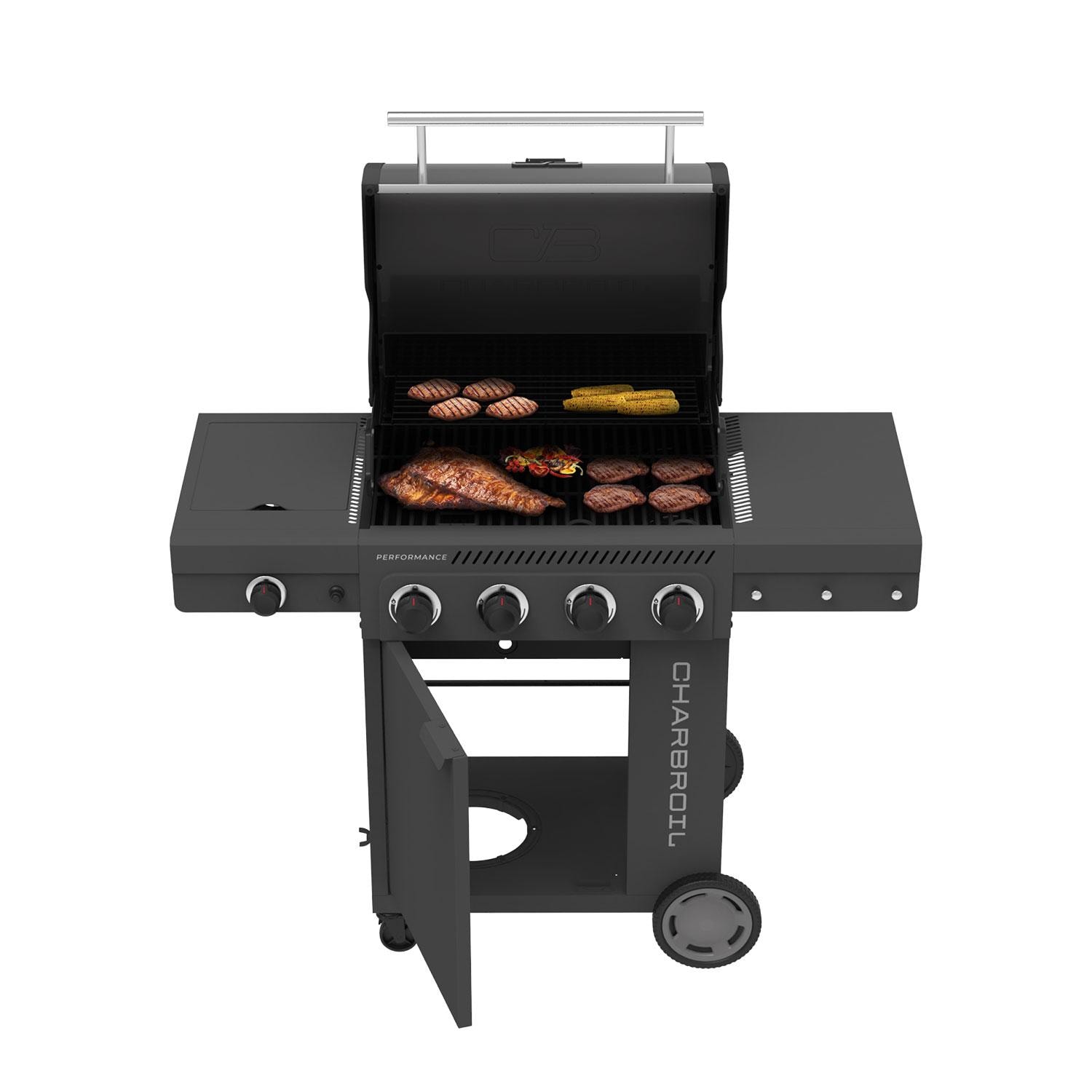 Charbroil 463348625 Performance Series 4-Burner Propane Grill Cabinet W/ Side Burner - Grey - Lid Up - Detail thumbnail
