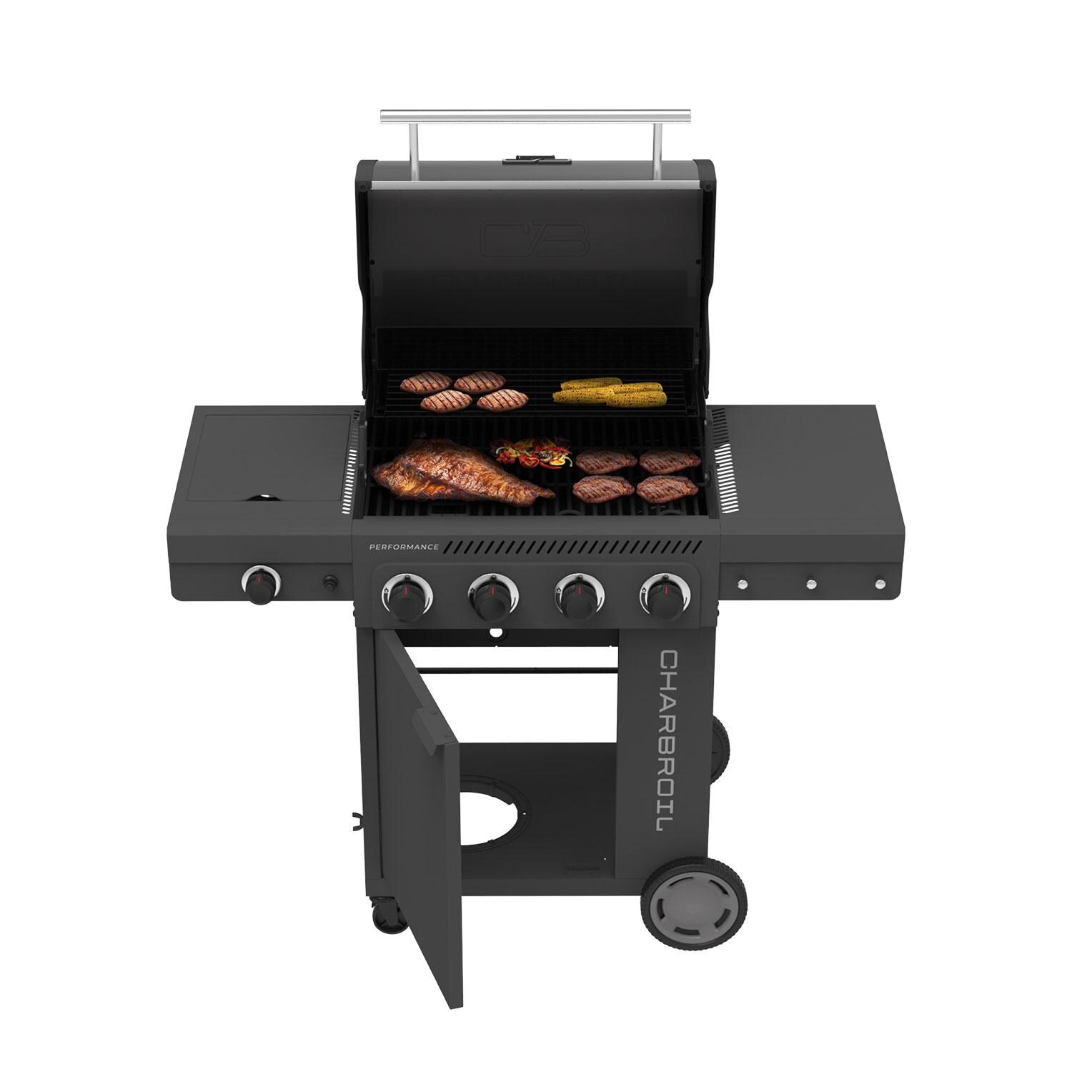 Charbroil 463348625 Performance Series 4-Burner Propane Grill Cabinet W/ Side Burner - Grey - Lid Up - Detail thumbnail