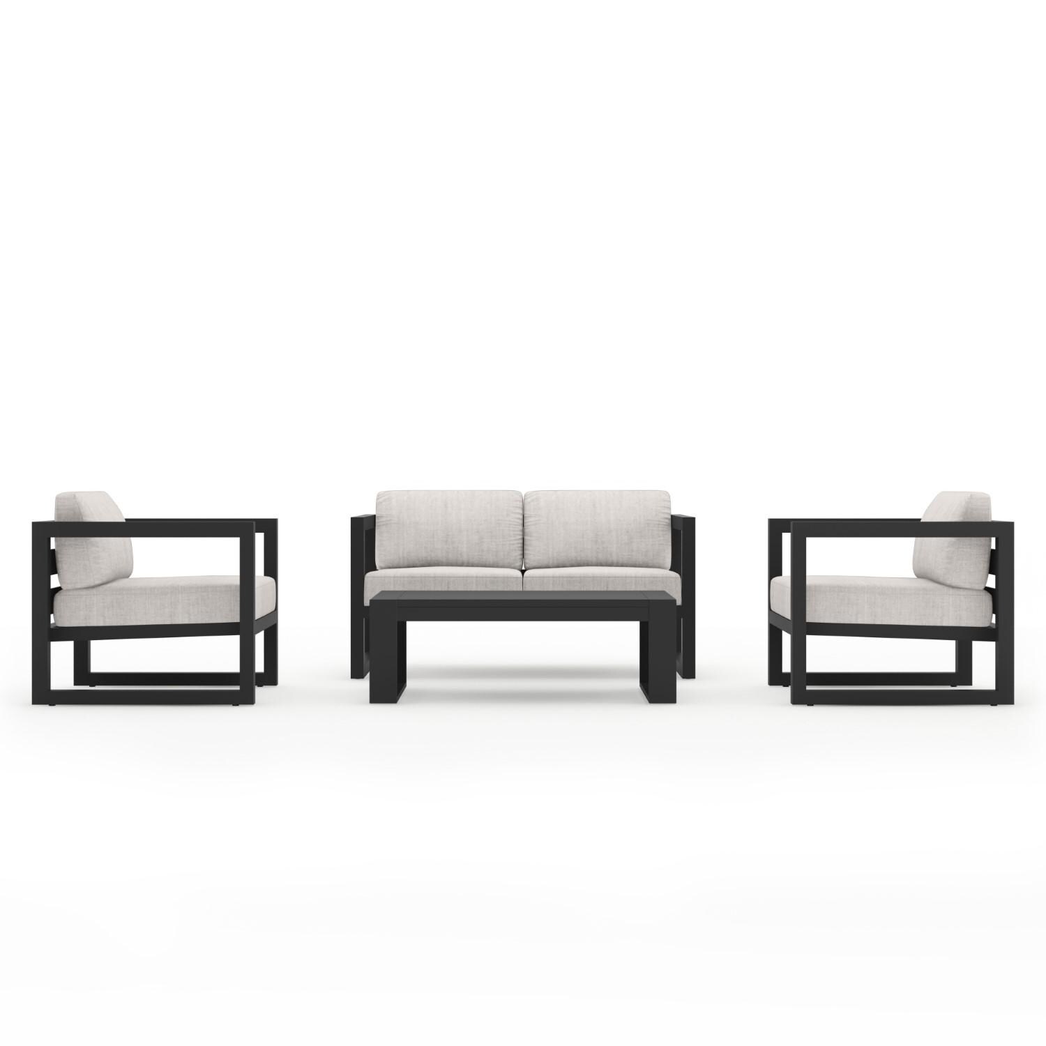 Misty Cove 4 Pc Aluminum Loveseat Set in Slate W/ Cast Silver Cushions & Portal Coffee Table By Lakeview - Front - White Background thumbnail