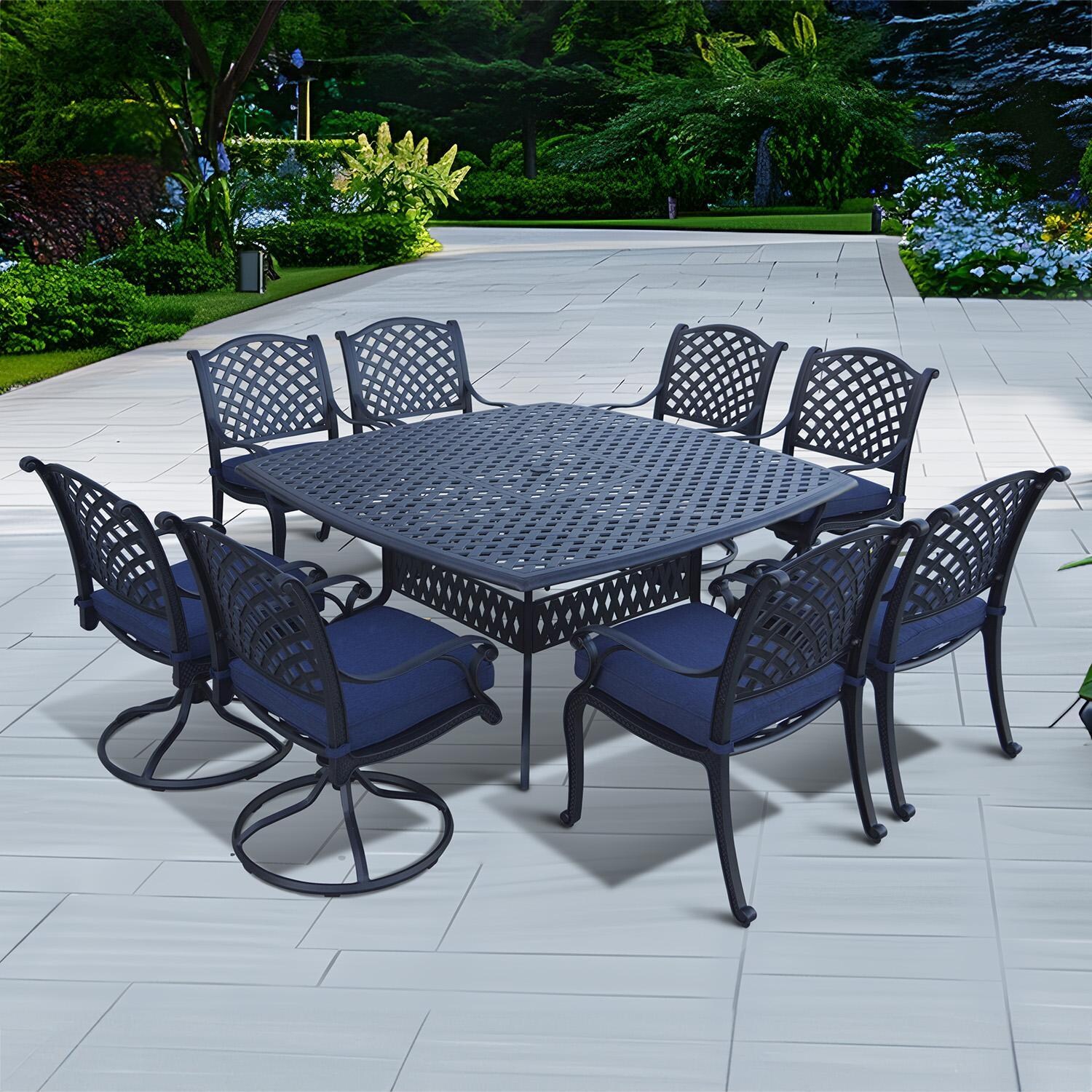 Darlee Nassau 9-Piece Patio Dining Set (with Swivel Rockers) with Navy Blue Cushions and 64 Inch Square Dining Table - Set - Lifestyle thumbnail