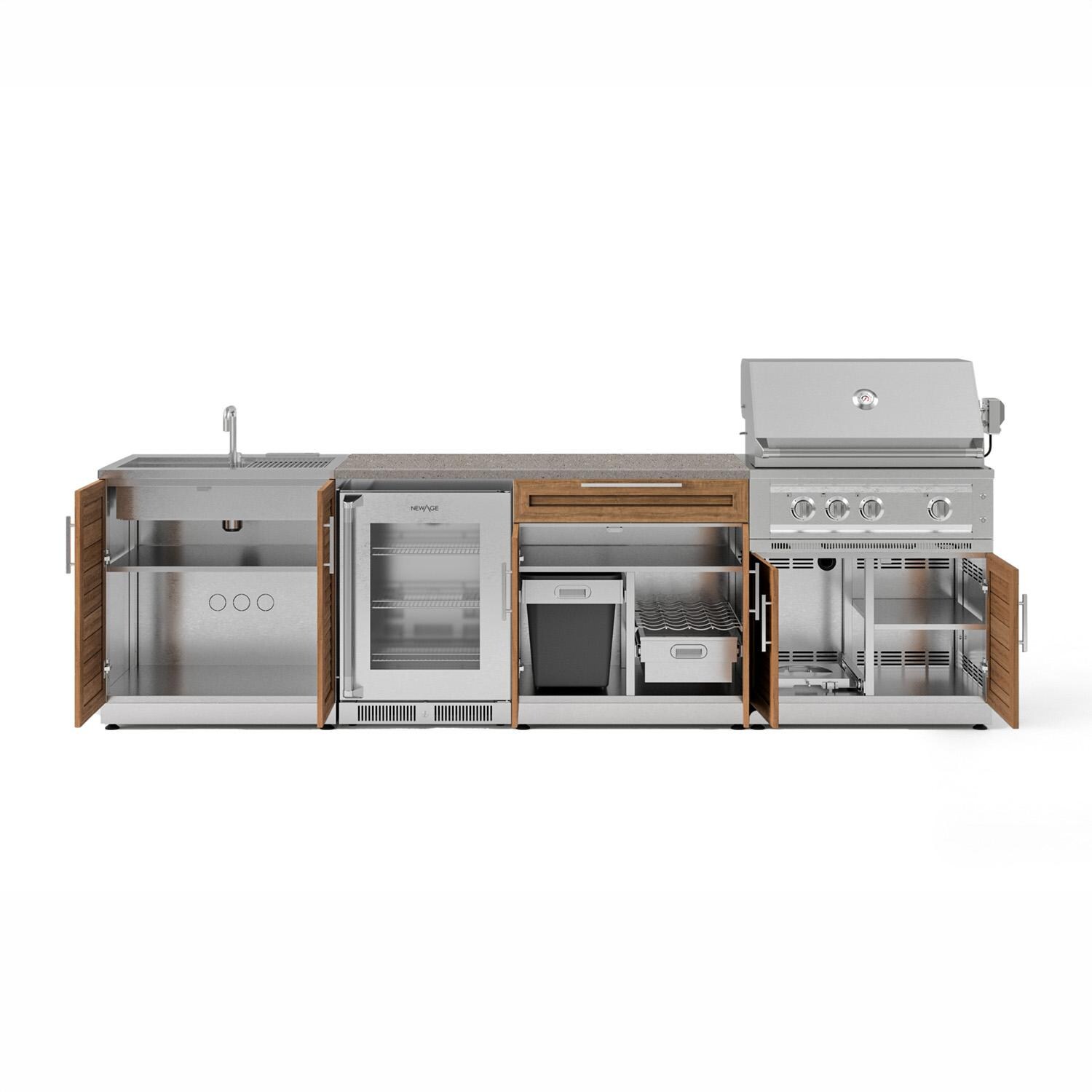 NewAge Products 72108 Classic Series 10 Ft Outdoor Kitchen Island w/ 33-in Propane Grill, Sink, Glass Door Refrigerator, Trash Bin, Door & Drawer in Grove/Sage Gray - Open - White Background thumbnail