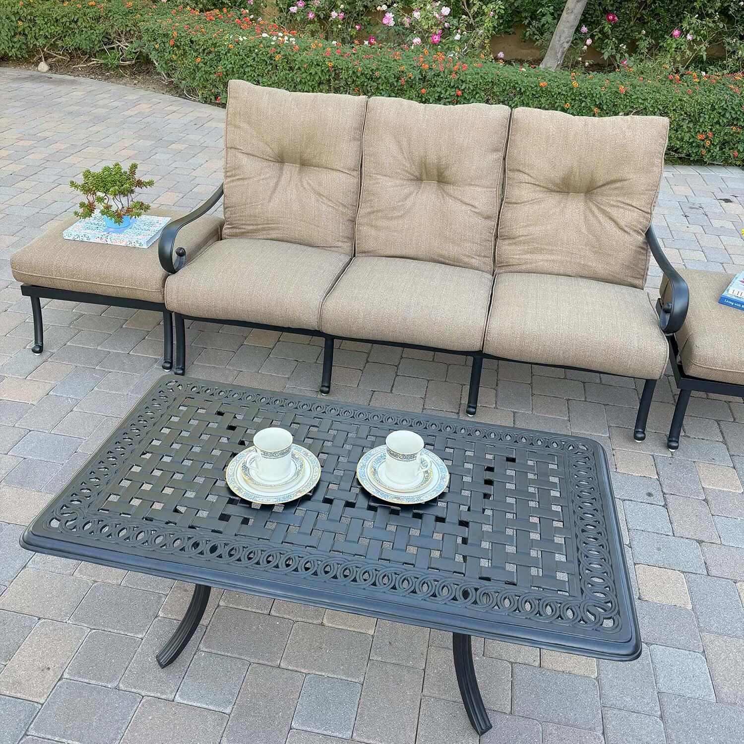 Santa Anita 6 Pc Cast Aluminum Seating Set in Antique Bronze/Sesame by Darlee - Close Up - Lifestyle thumbnail