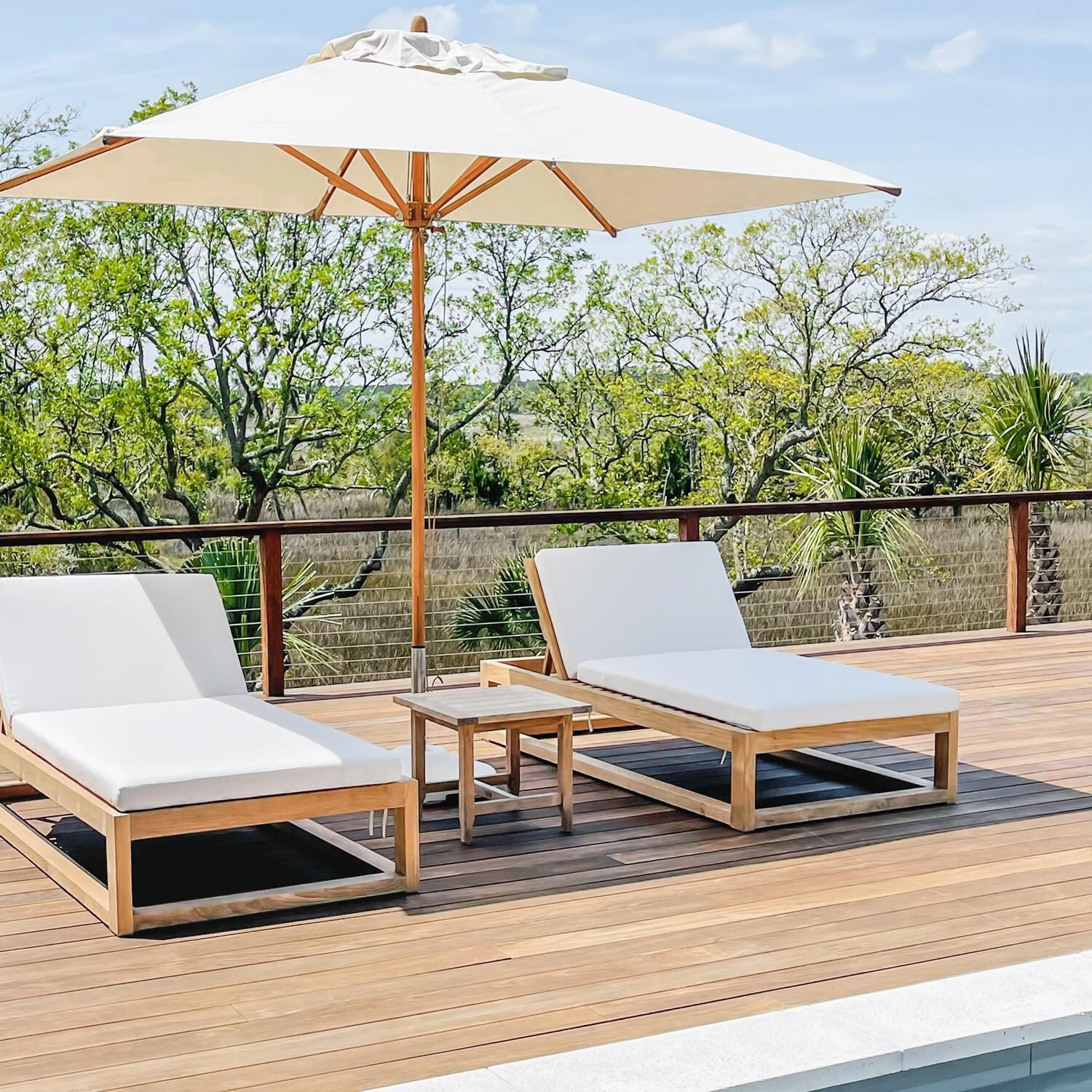 Teak + Table Atlantic Teak Patio Oversized Chaise Lounge in Granite - Natural cushions shown - Lifestyle thumbnail