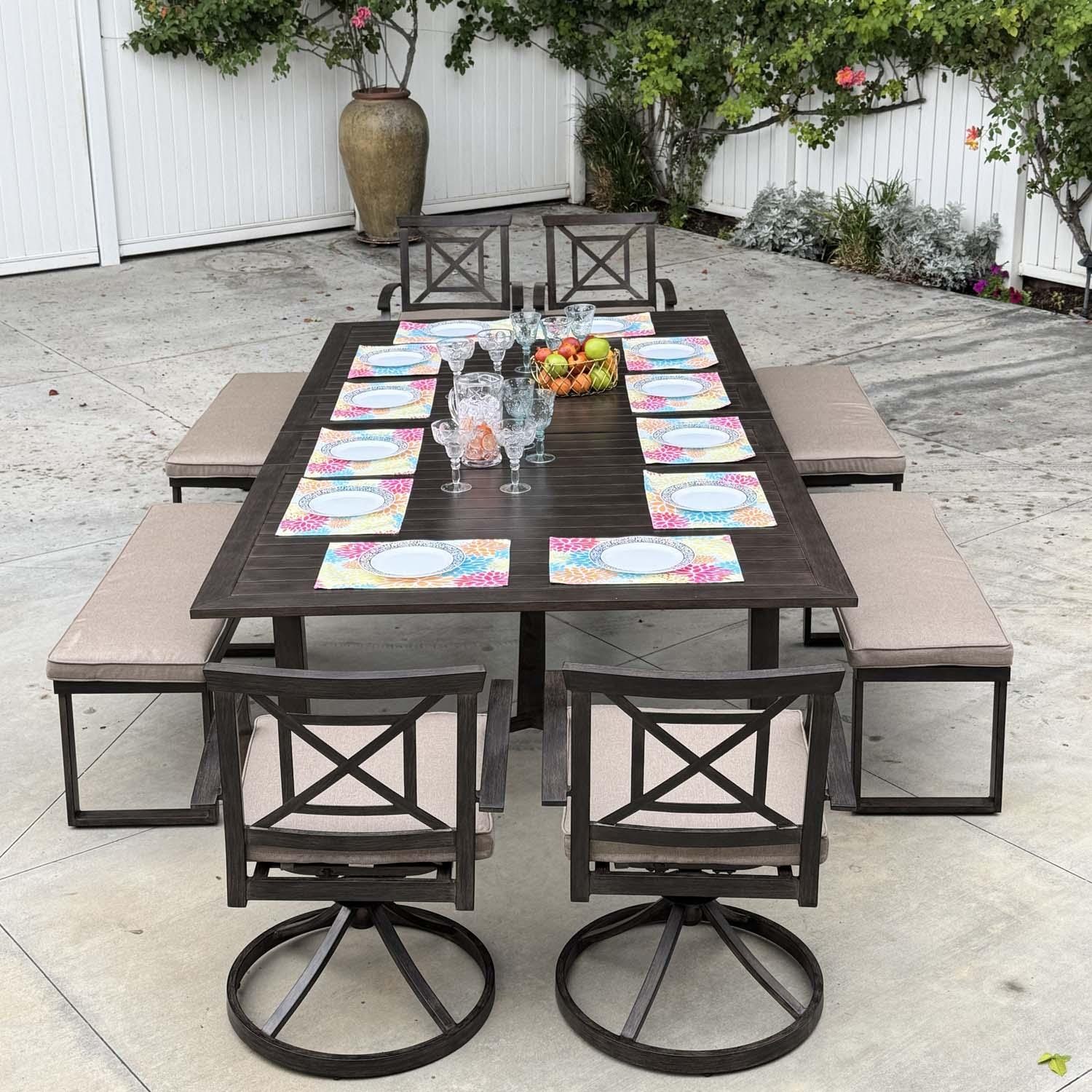 Atlantis 9 Pc Aluminum Swivel / Rocker Dining Set in Walnut/Beige