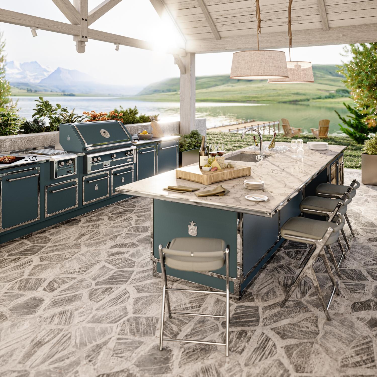 Officine Gullo BBQ42BI05 42-Inch OG Professional Propane Grill in Arancia di Sicilia - Built-In Grill Shown From The Side in Peacock Plume From Right Side View - Lifestyle thumbnail