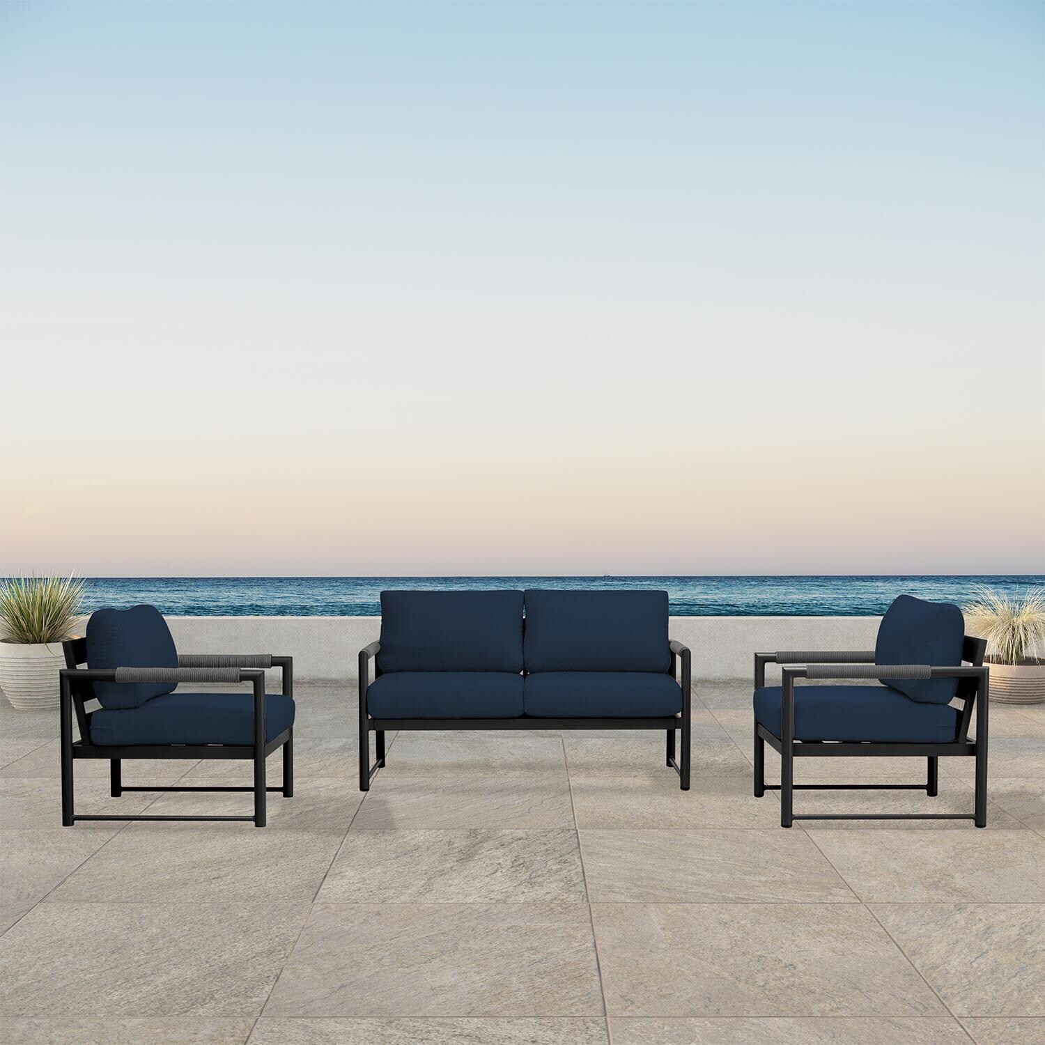 Avenue Bay 3 Pc Aluminum Seating Set in Black/Spectrum Indigo by Lakeview Outdoor Designs
