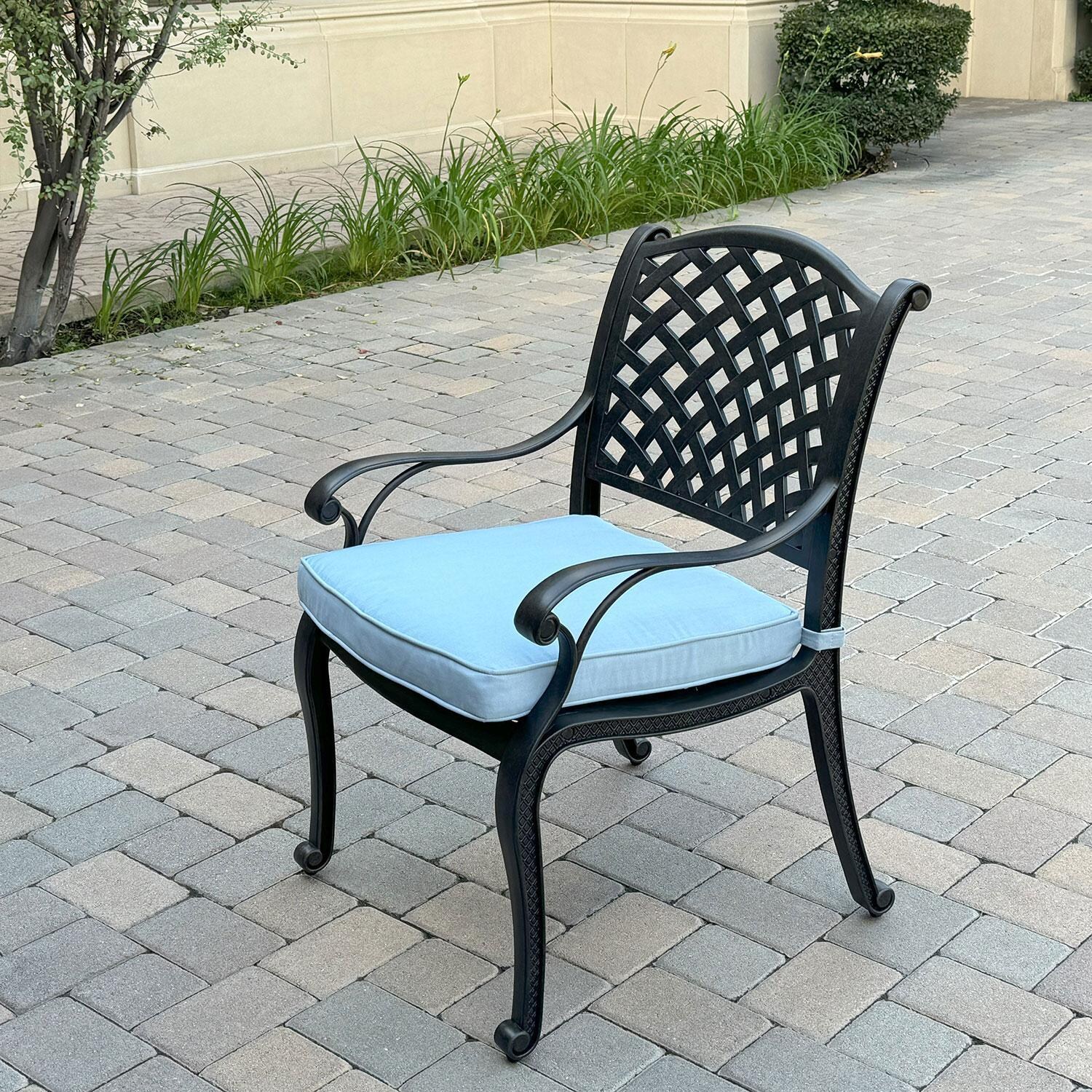 Nassau 7 Pc Cast Aluminum Patio Dining Set W/ 60 Inch Round Table & Blue Cushions By Darlee - Dining Chair - Back Patio - Lifestyle thumbnail