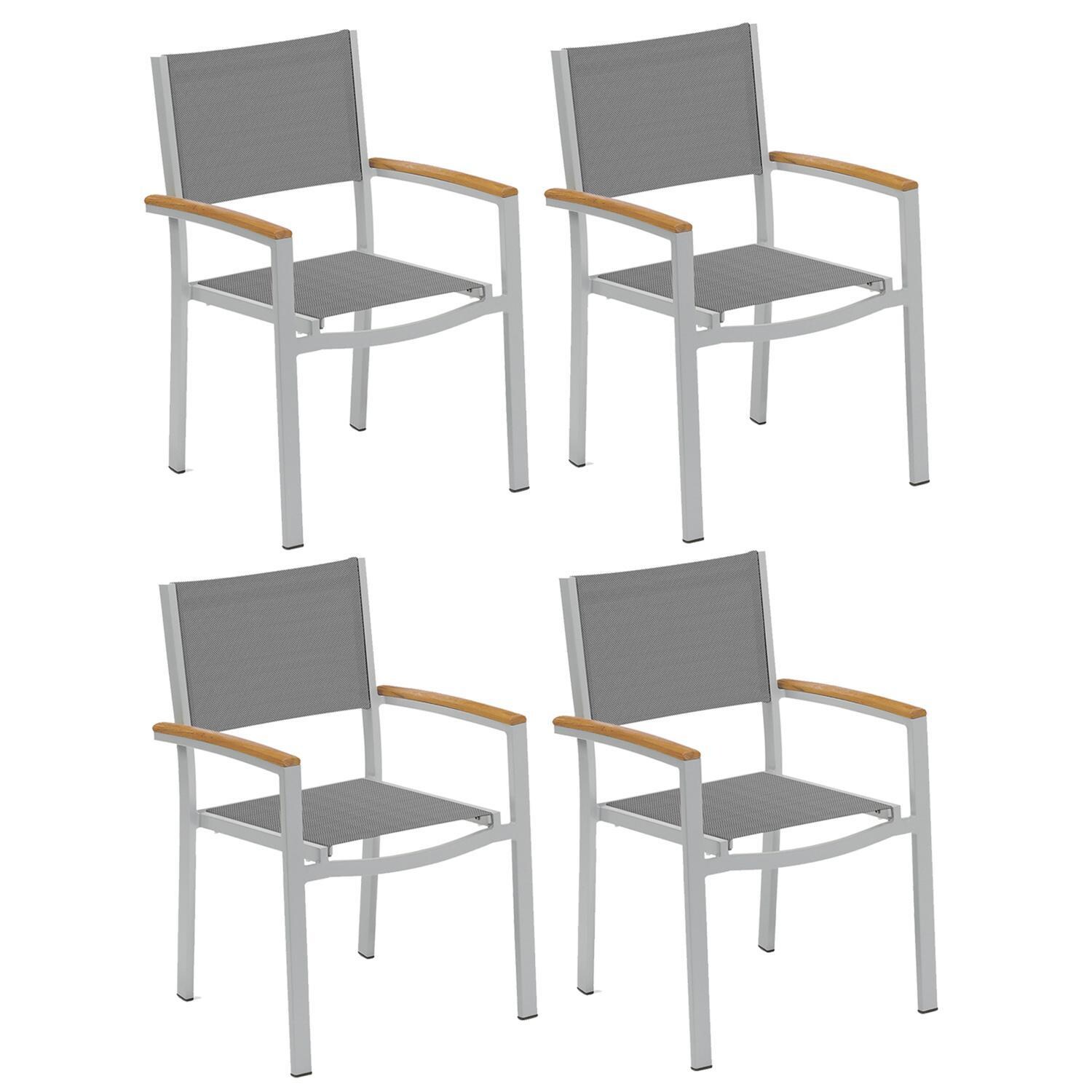 Travira 4 Pc Composite Sling & Aluminum Dining Chair W/ Natural Tekwood Arm Caps in Flint/Titanium By Oxford Garden
