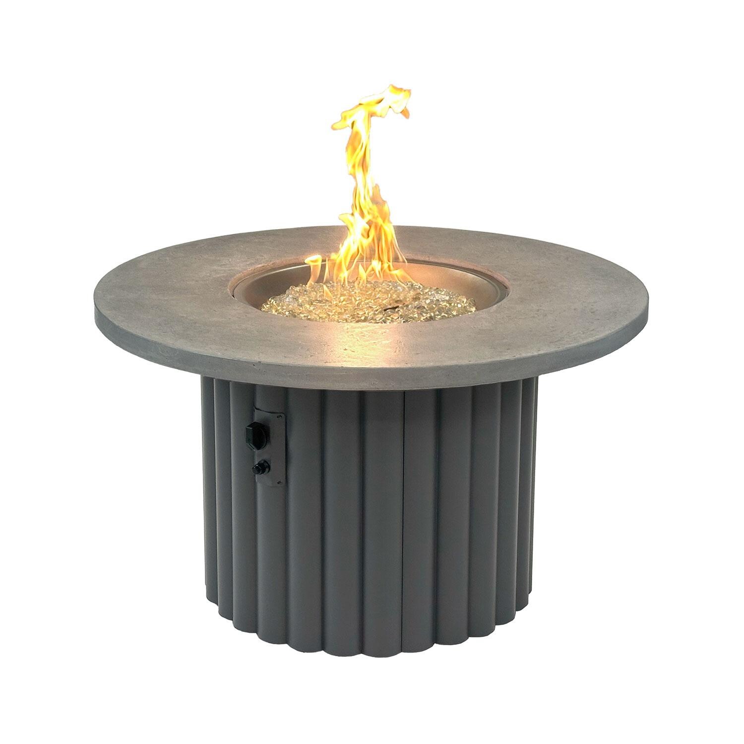 Reverie REVRCH-42-K 42-in Round Aluminum Gas Fire Pit Table w/ Relic Grey Supercast Top & Charcoal Base - Flame On - White Background thumbnail