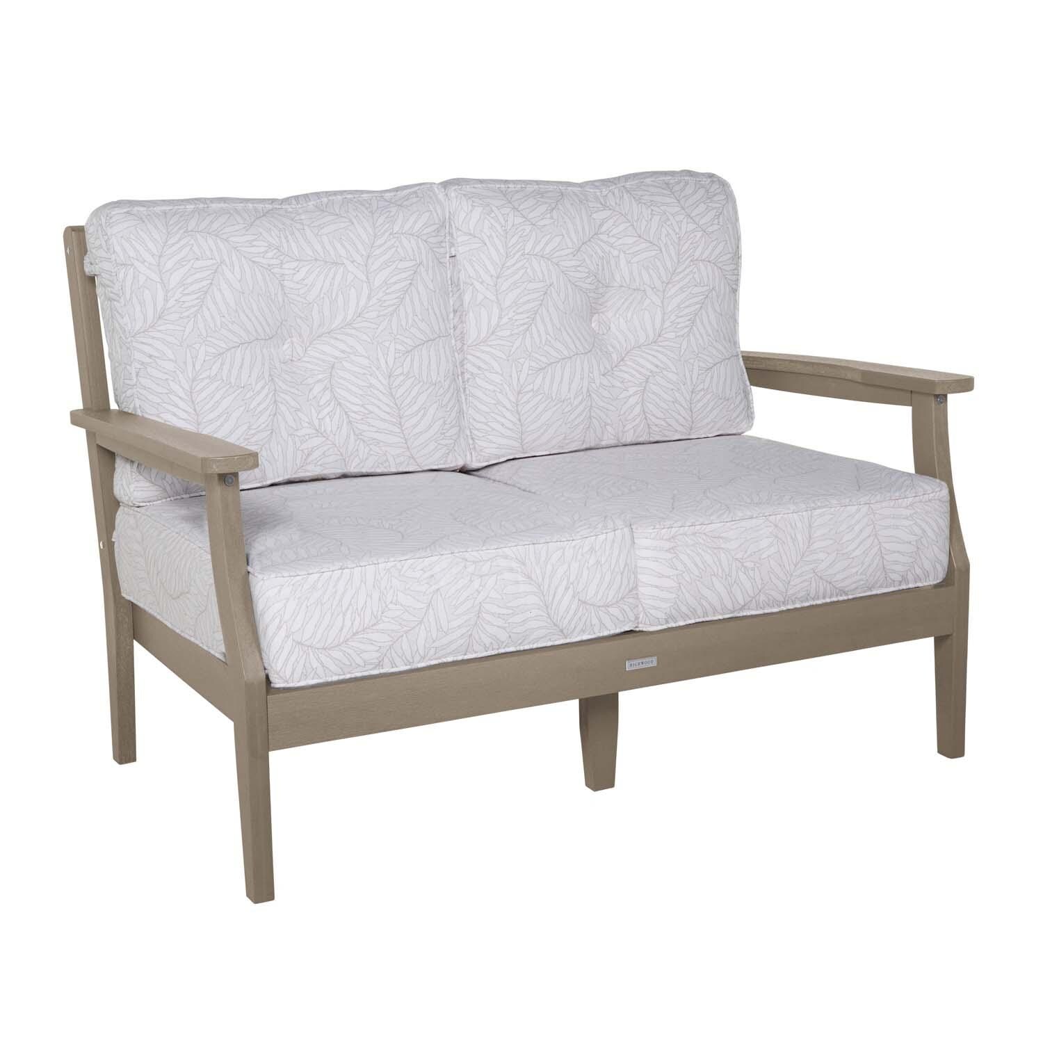 Blushing Bay 2 Person Recycled Plastic Loveseat in Lively Parchment/Woodland Brown by Lakeview Outdoor Designs - Left Angled - White Background thumbnail