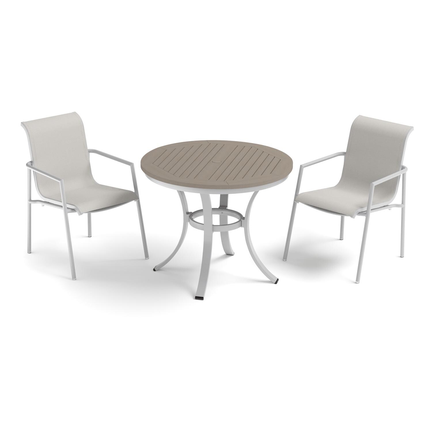 Oxford Garden Orso 3 Pc Soft Sling & Aluminum Arm Chair Bistro Set W/ Vintage Tekwood Table Top in Flint/Fog - Front View thumbnail