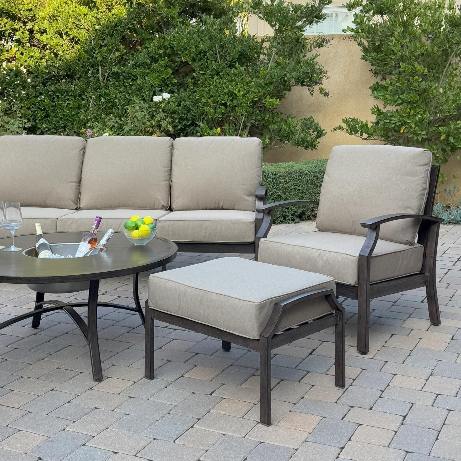 Atlantis 6 Pc Aluminum Seating Set w/ Sofa, 2 Club Chairs, 2 Ottomans & Ice Bucket in Walnut/Beige by Darlee - Chair & Ottoman - Lifestyle thumbnail