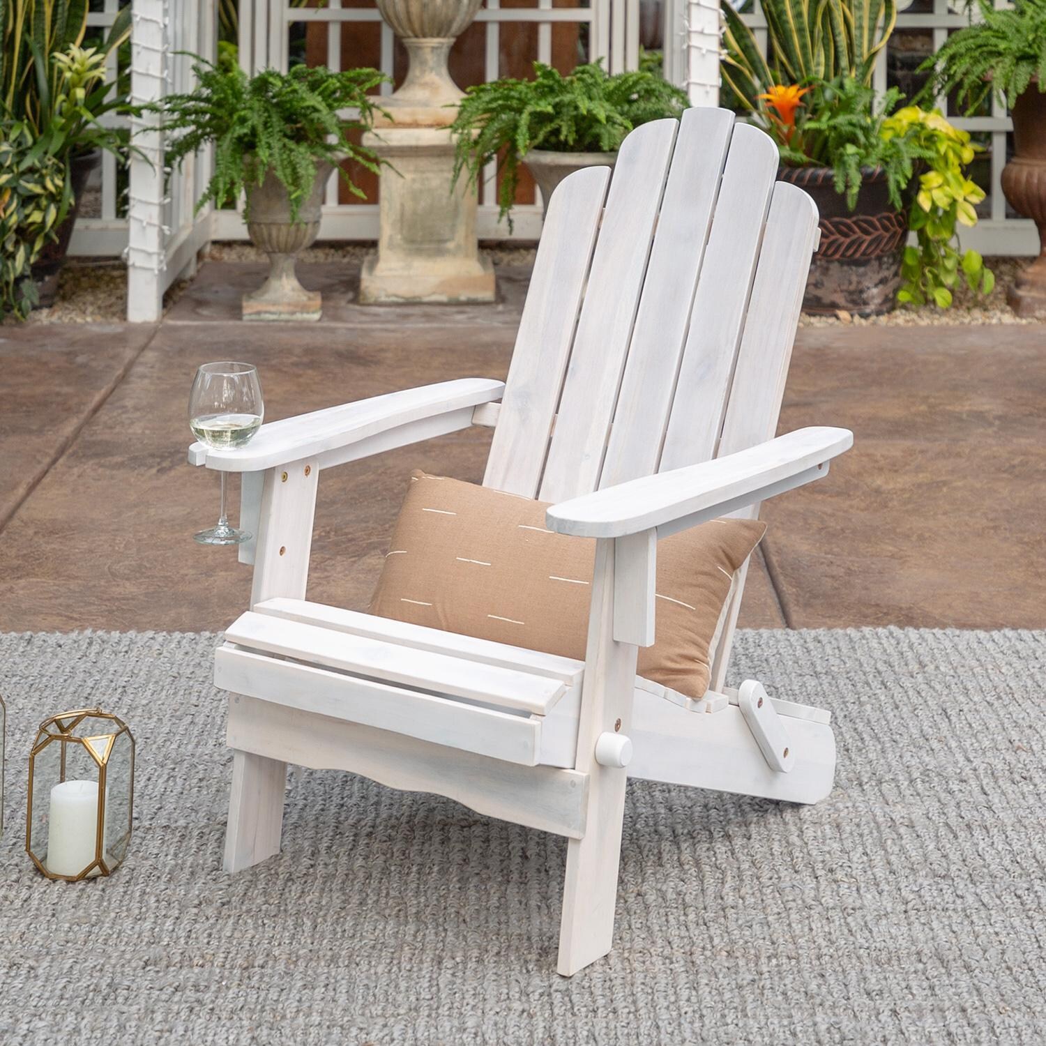 Walker Edison Folding Acacia Patio Adirondack Chair W/ Wine Glass Holder - White Wash image