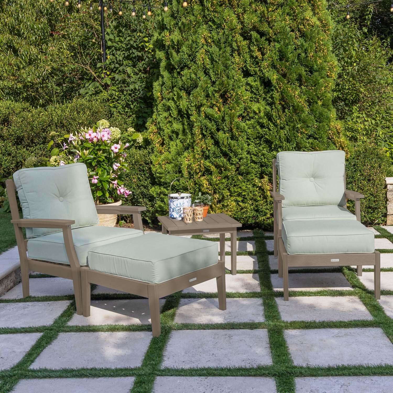 Blushing Bay 5 Pc Recycled Plastic Seating Set in Canvas Seasalt/Woodland Brown by Lakeview Outdoor Designs - Left Angled - Lifestyle thumbnail