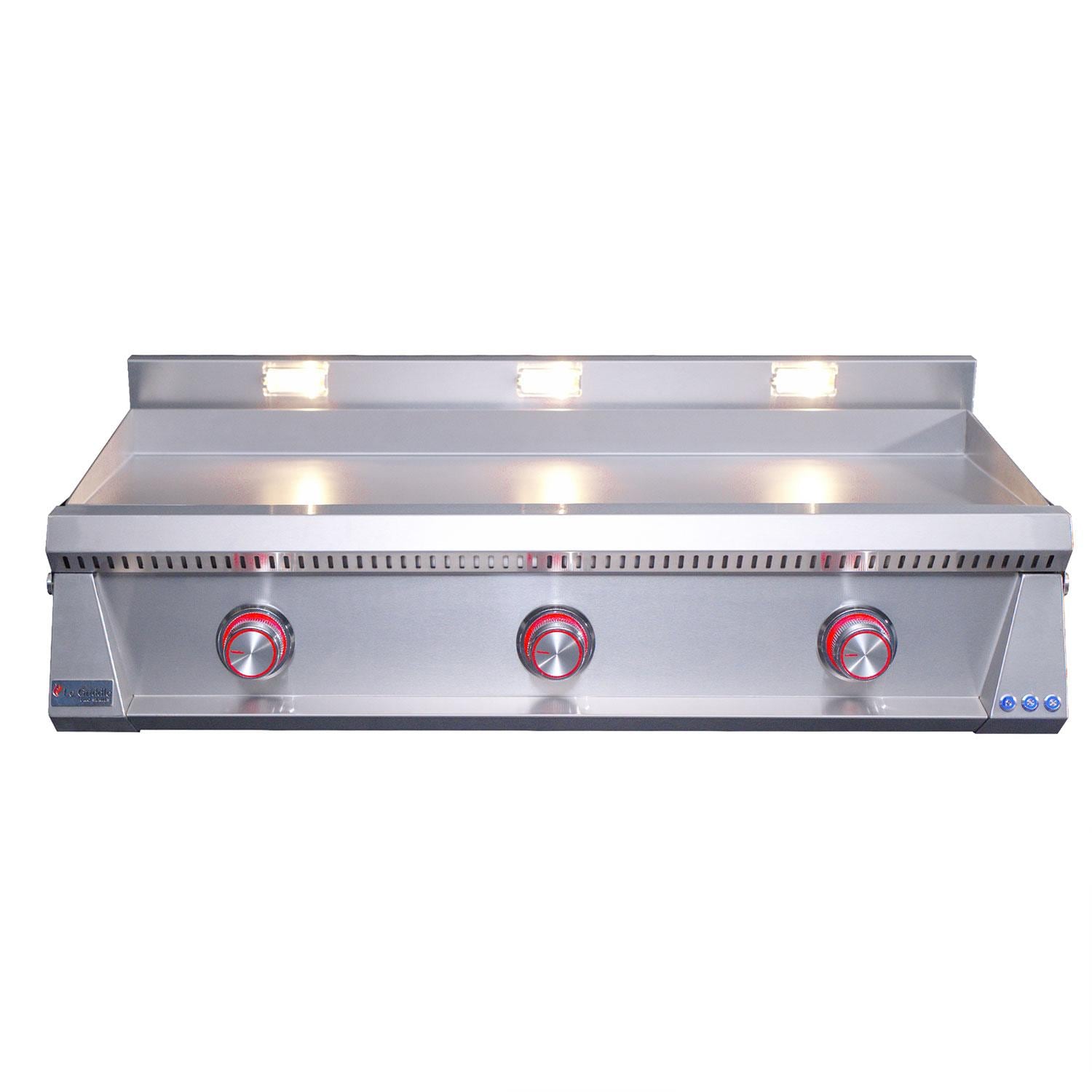 Le Griddle OML105P3 LP Pro Series 105 3 Burner Built-In Propane Flat Top Grill w/ 3mm Plate - Red LED Lights = Control valve in ON position - White Background thumbnail