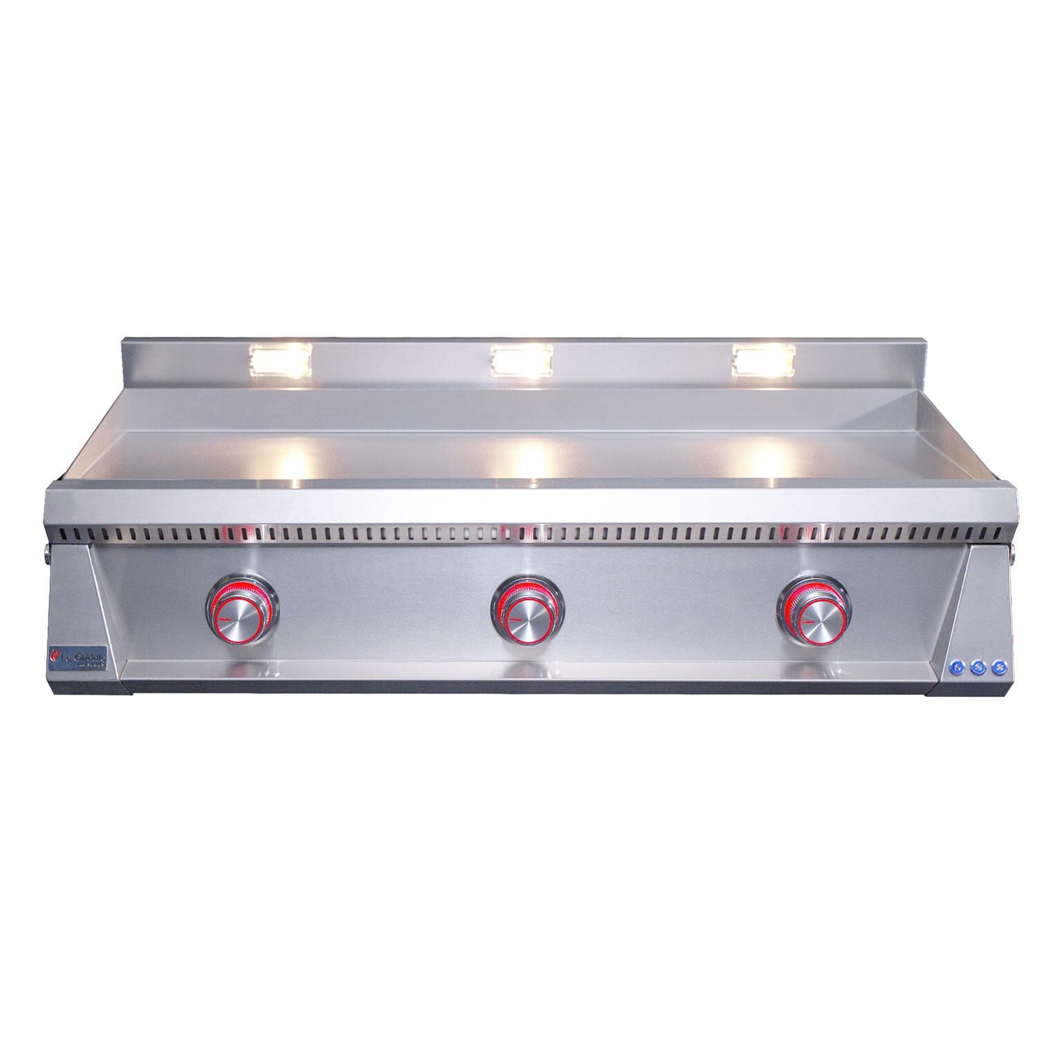 Le Griddle OML105P3 LP Pro Series 105 3 Burner Built-In Propane Flat Top Grill w/ 3mm Plate - Red LED Lights = Control valve in ON position - White Background thumbnail