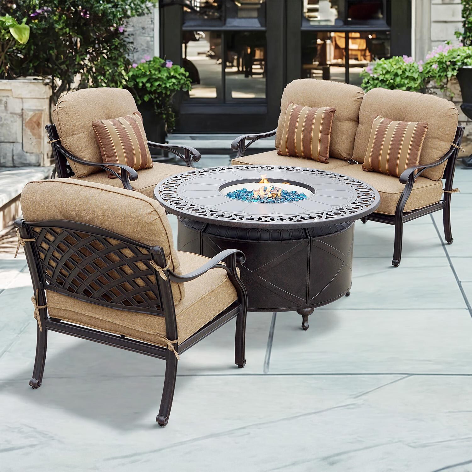 Nassau 4 Pc Cast Aluminum Fire Pit Loveseat Seating Set w/ 47 Inch Table & Throw Pillows in Antique Bronze/Sesame by Darlee