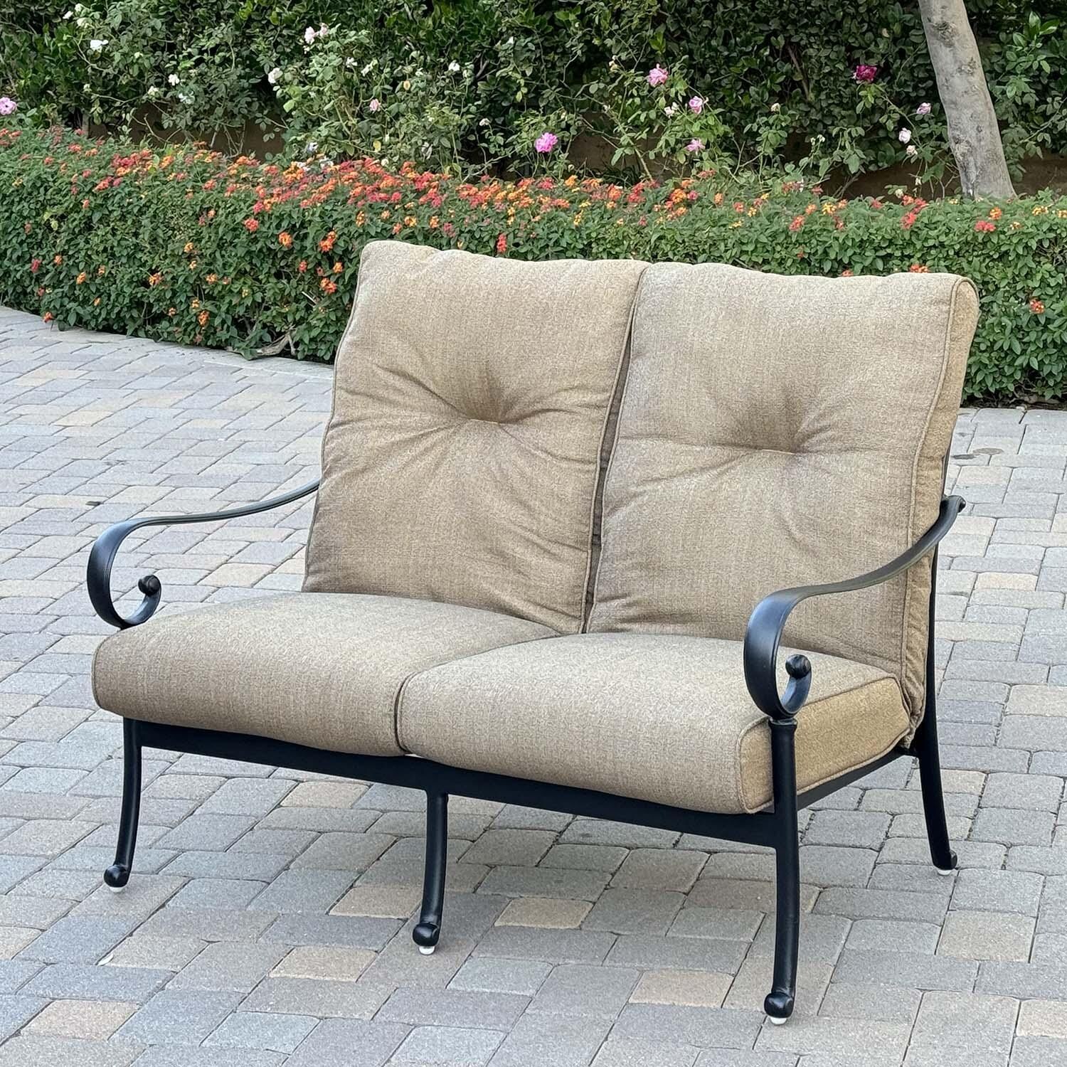 Santa Anita 6 Pc Cast Aluminum Seating Set w/ Rectangular Table in Antique Bronze/Sesame by Darlee - Loveseat - Lifestyle thumbnail