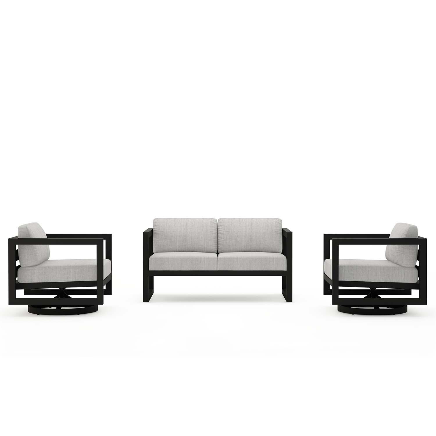 Misty Cove 3 Pc Aluminum Loveseat Seating Set w/ Swivel Chairs in Black/Cast Silver by Lakeview Outdoor Designs - Front View - White Background thumbnail