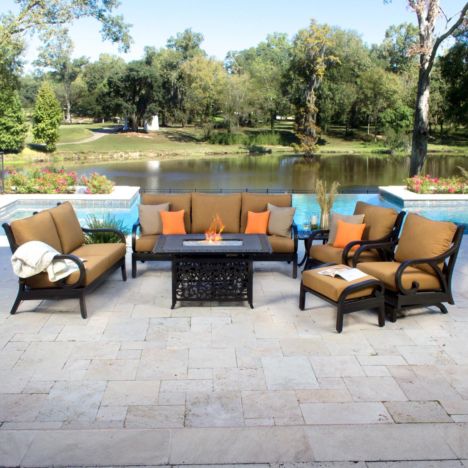 Avondale 7 Piece Aluminum Patio Fire Pit Seating Set W/ Rocking Club