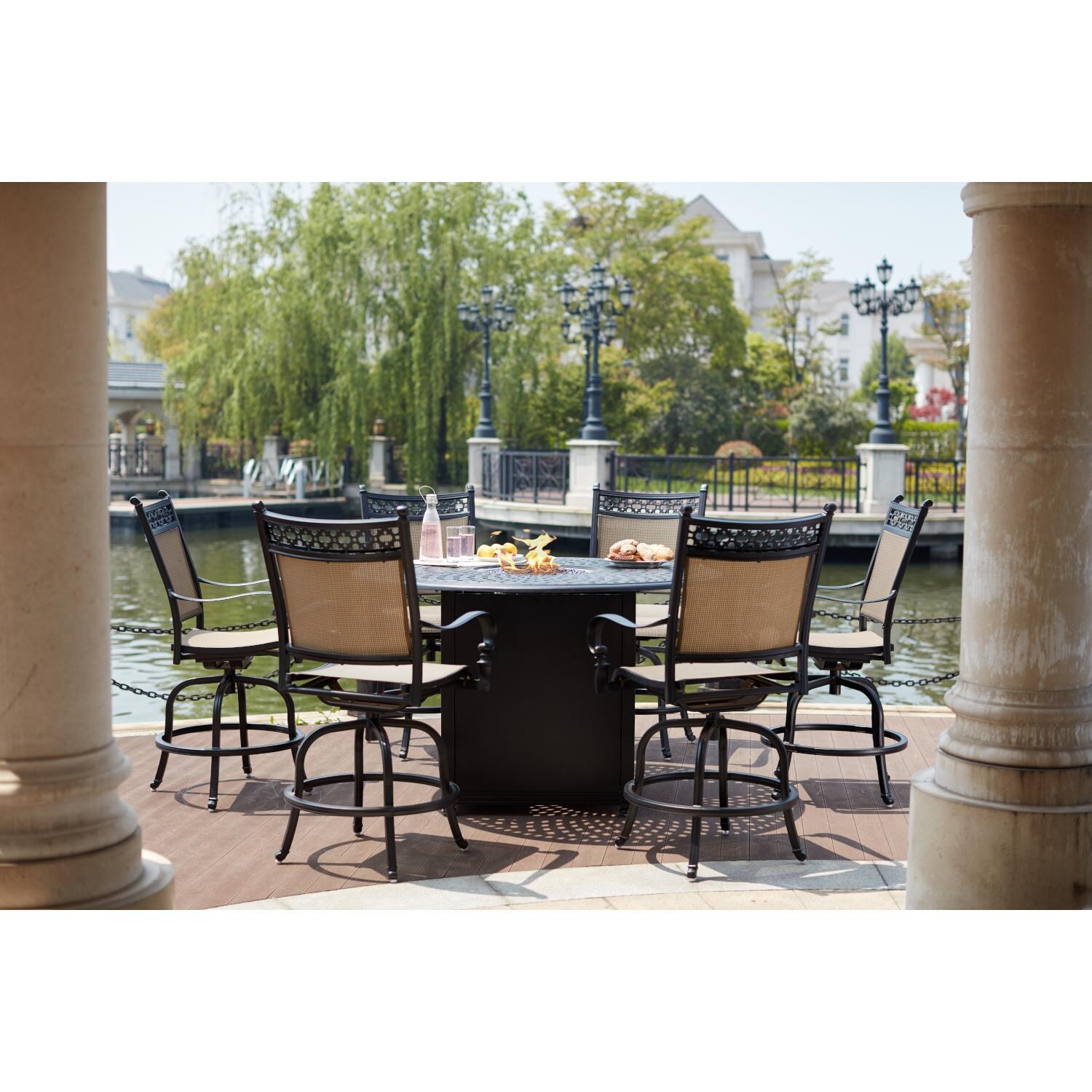 Darlee 201610-7PC-60GHD Mountain View 7 Piece Cast Aluminum Sling Patio Counter Height Fire Pit Dining Set W/ 60 Inch Round Table - Lifestyle thumbnail