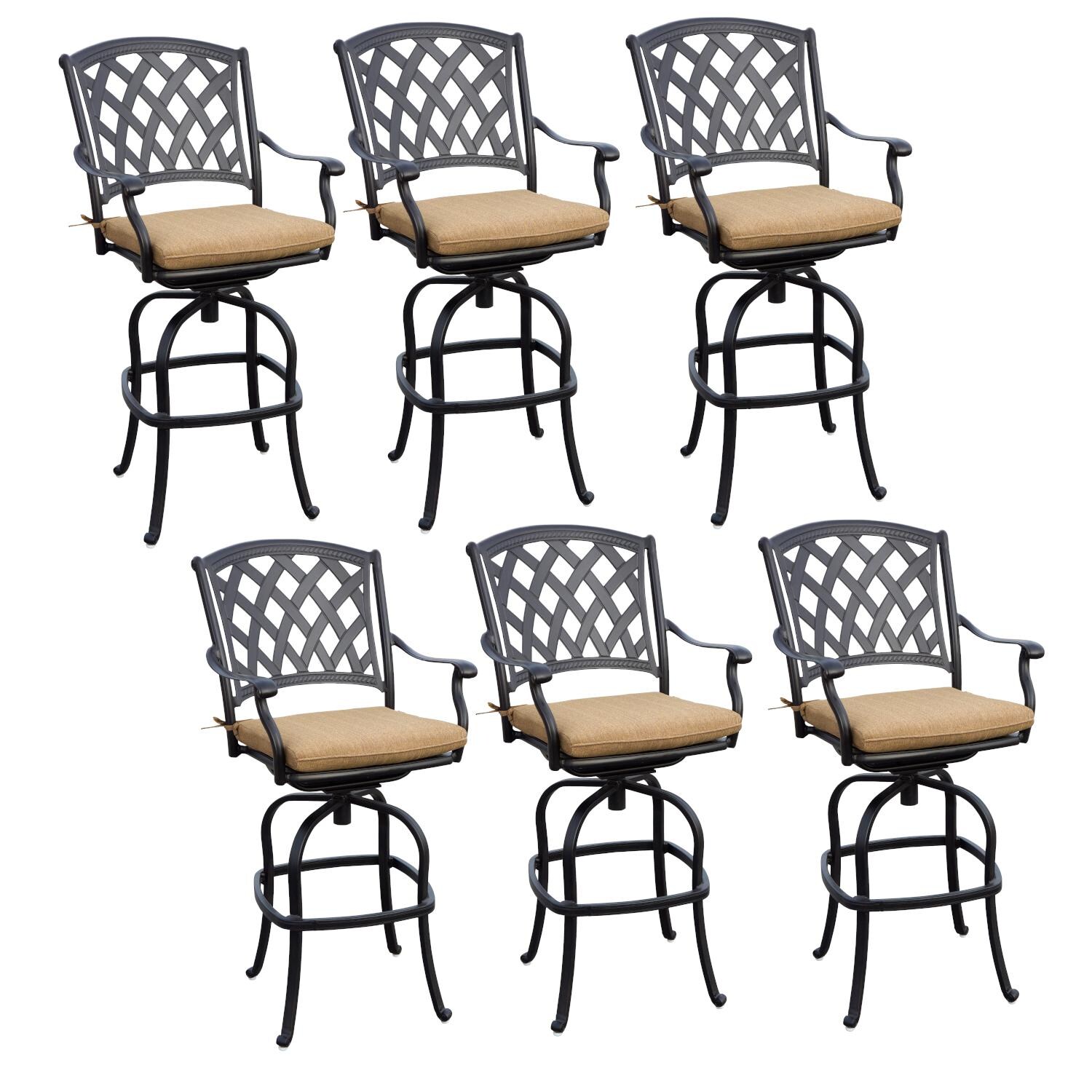 Darlee Ocean View 6 Piece Cast Aluminum Patio Swivel Rocker Bar Stool Set W/ Sesame Cushions image