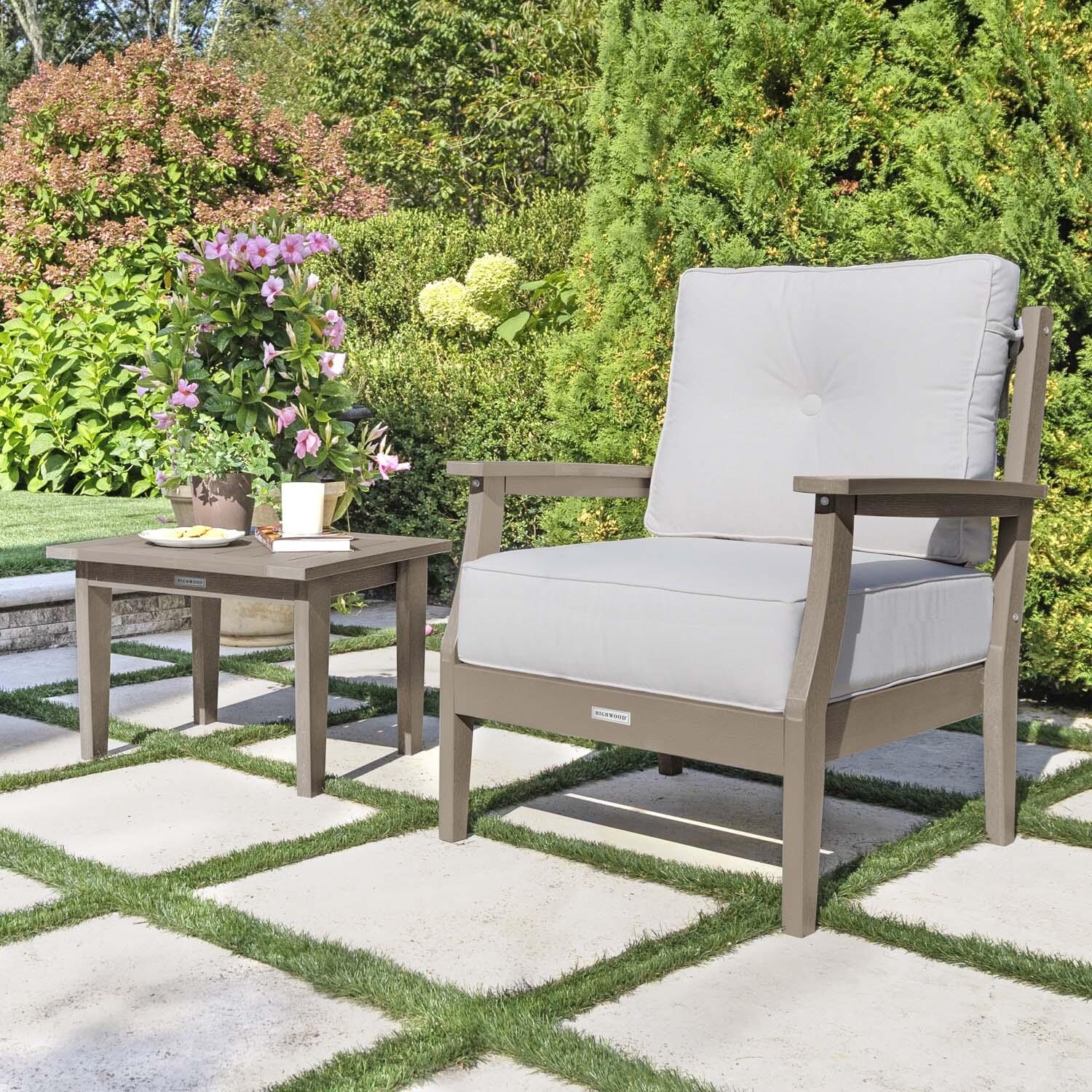 Blushing Bay 3 Pc Recycled Plastic Seating Set in Bliss Linen/Woodland Brown by Lakeview Outdoor Designs - Close Up - Lifestyle thumbnail