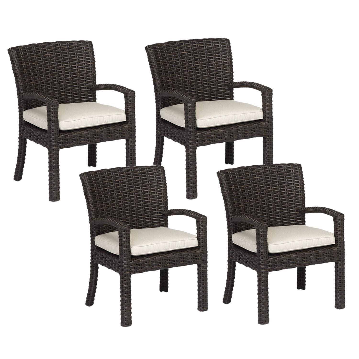 Cardiff 4 Piece Wicker Patio Dining Arm Chair Set W/ Sunbrella Canvas Flax Cushions By Sunset West
