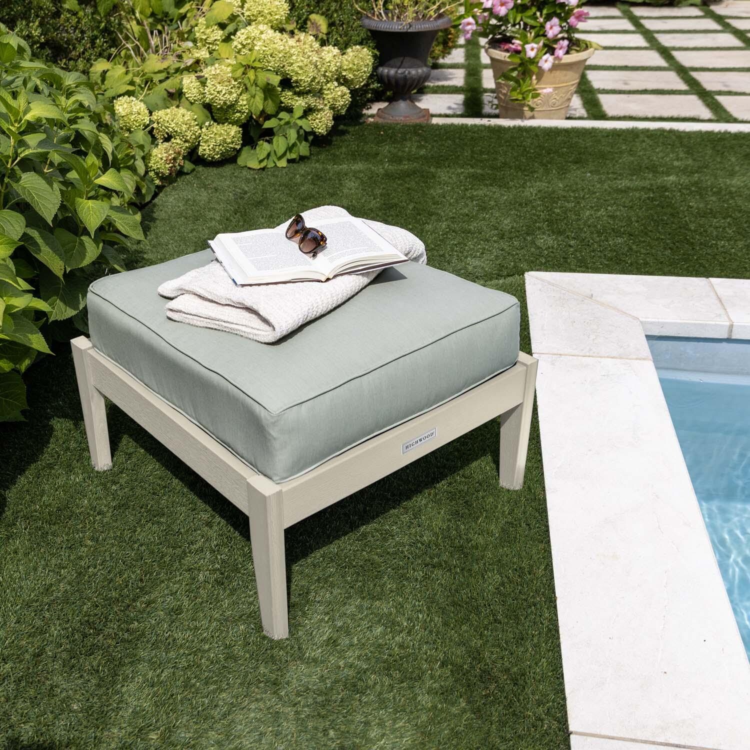 Blushing Bay Recycled Plastic Ottoman in Canvas Seasalt/Whitewash by Lakeview Outdoor Designs - By Pool Close Up - Lifestyle thumbnail