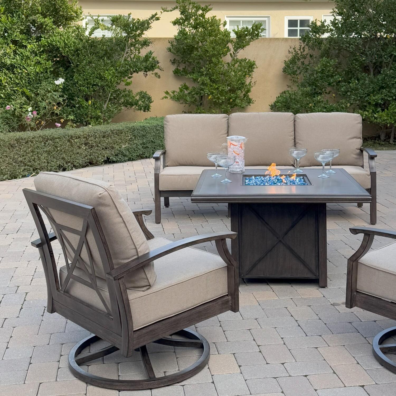 Atlantis 4 Pc Aluminum Fire Pit Seating Set w/ 2 Swivel Rocker Club Chairs & Sofa in Walnut/Beige by Darlee - Chair Rear - Lifestyle thumbnail