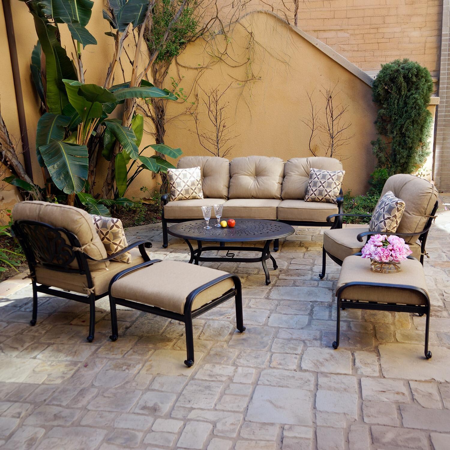 Darlee Elisabeth 6 Pc Cast Aluminum Sofa Seating Set w/ 46 X 31 Inch Oval Table & Throw Pillows in Antique Bronze/Beige - Set - Lifestyle thumbnail