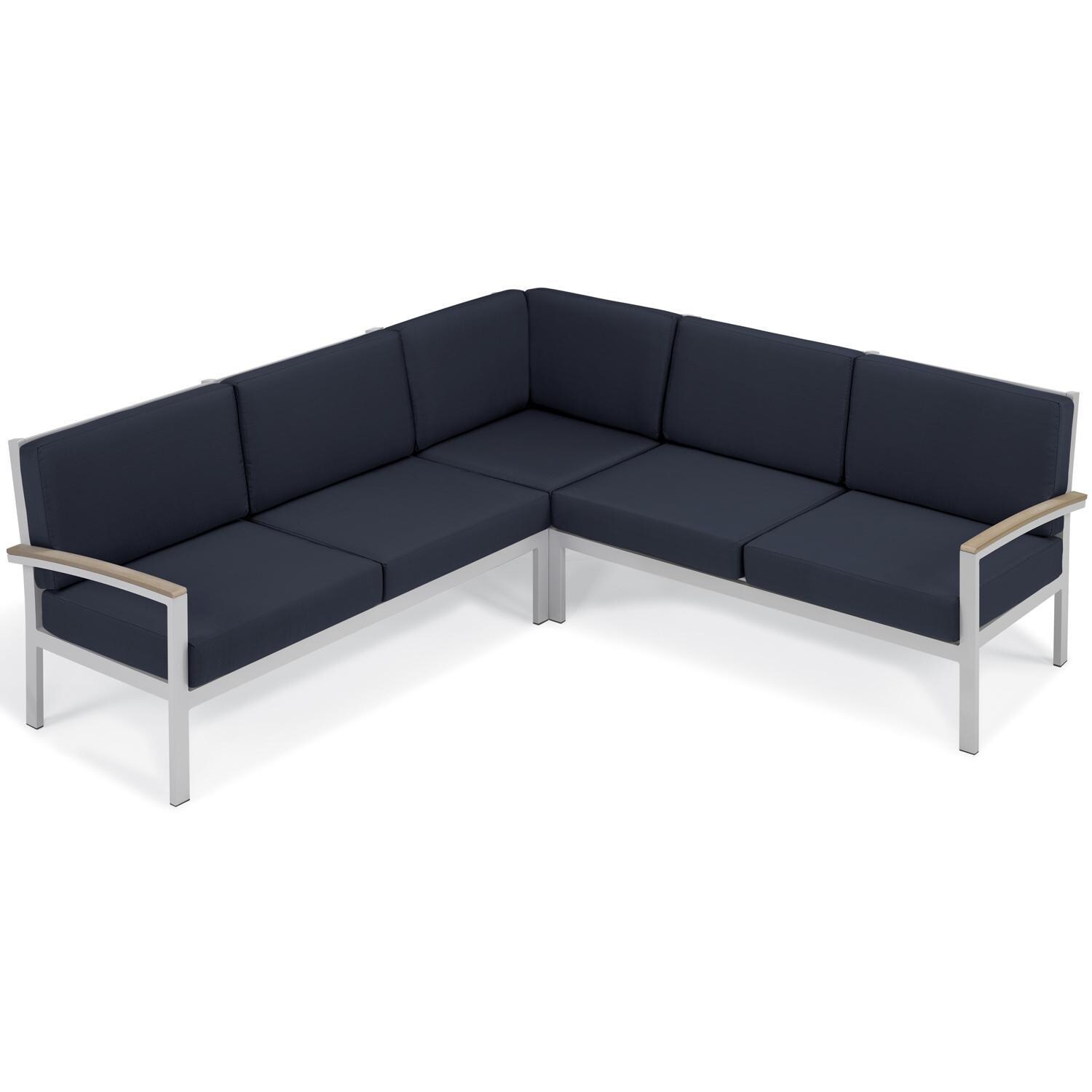 Oxford Garden Travira 2 Person Aluminum Modular Left Loveseat W/ Vintage Tekwood Arm Caps in Flint/Midnight Blue - V-Shaped Sectional thumbnail