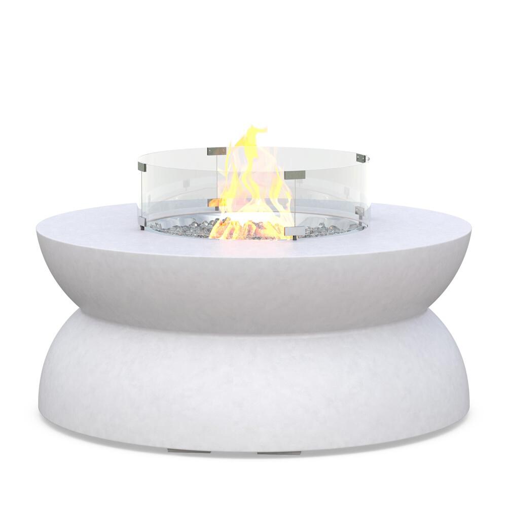 Azzurro Living Cabo 41 Inch Propane Fire Table W/ Tank Cover in White - Front W/ Flame - White Background thumbnail