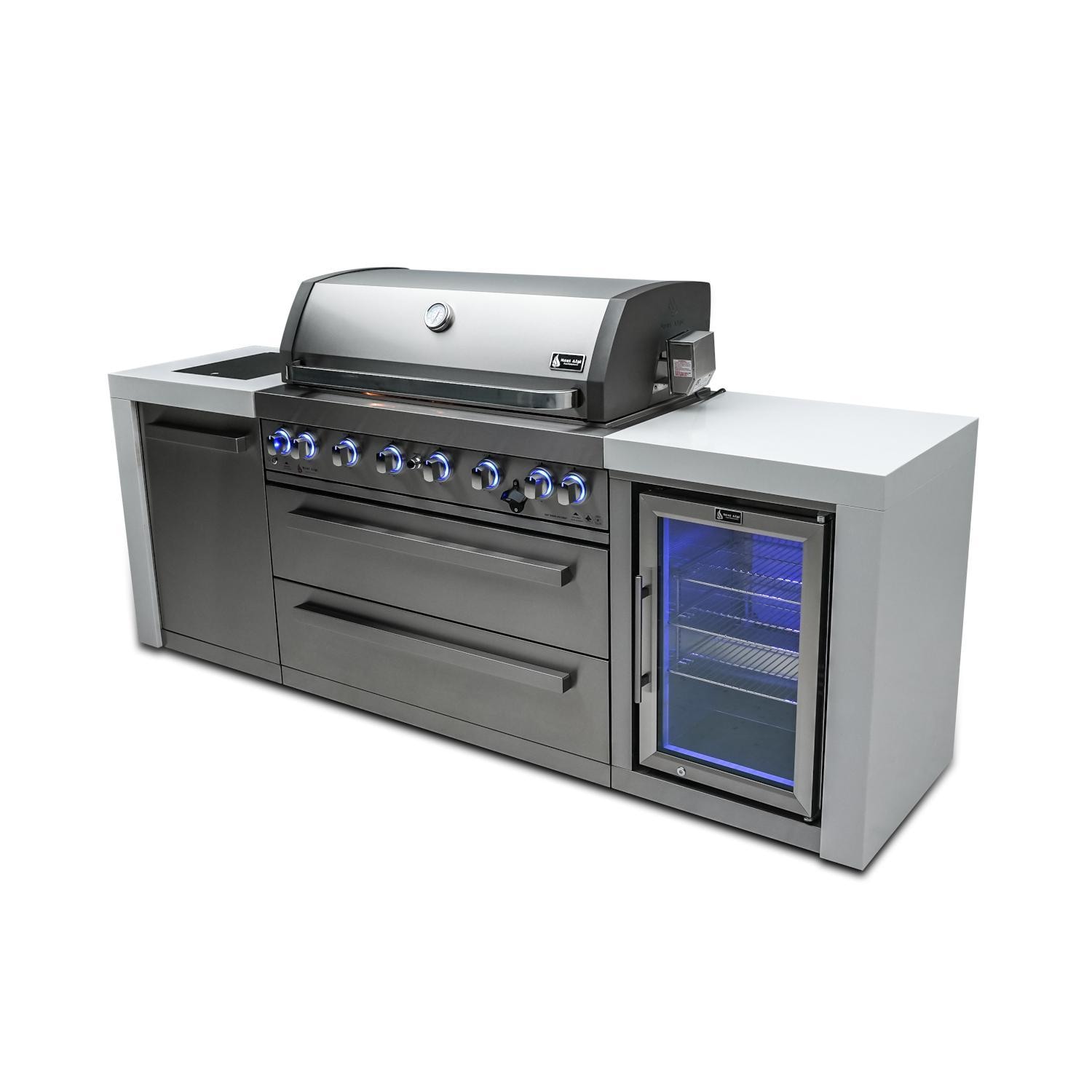 Mont Alpi MAi805-DFC Deluxe Natural Gas Island Grill W/ Refrigerator Cabinet - Angled Left - Grill Closed - White Background thumbnail
