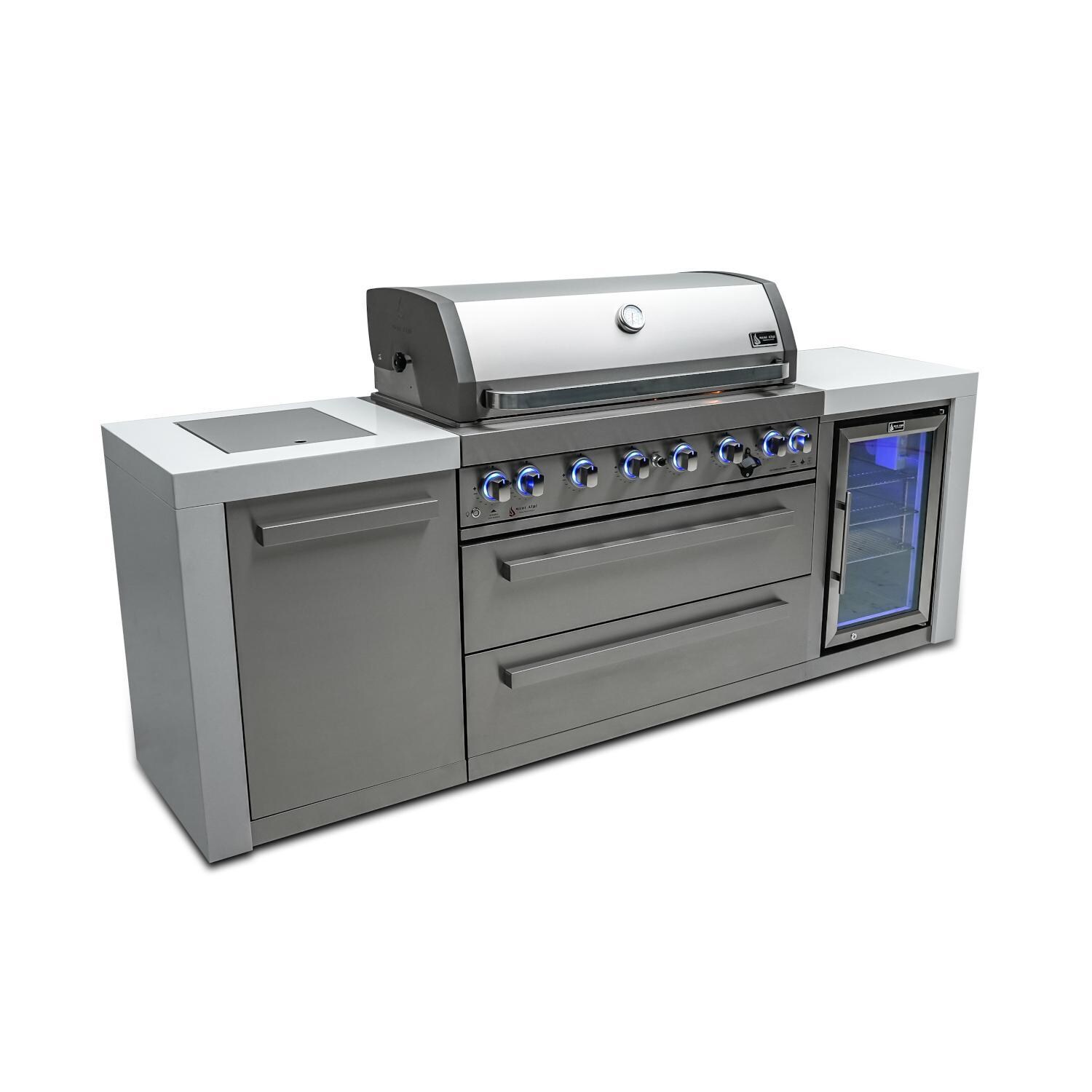 Mont Alpi MAi805-DFC Deluxe Natural Gas Island Grill W/ Refrigerator Cabinet -Angled Right - Grill Closed - White Background thumbnail