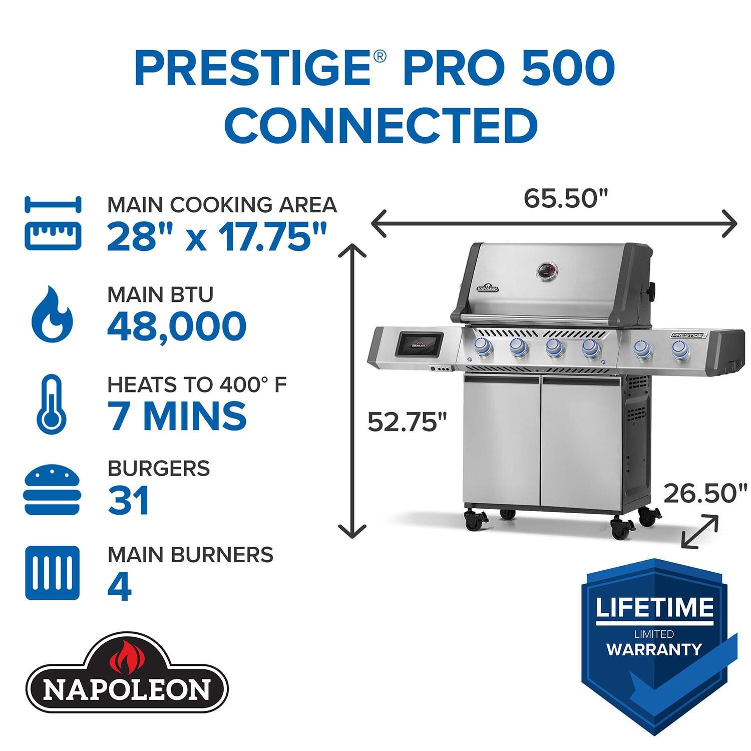Napoleon PRO500VXRSIBPSS Prestige PRO 500 4 Burner Propane Grill w/ Smart Technology - Dimensional thumbnail