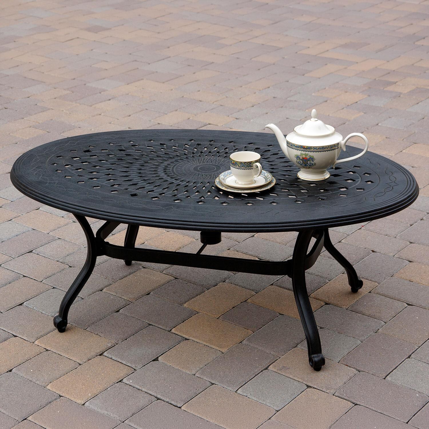 Darlee Elisabeth 4 Pc Cast Aluminum Seating Set w/ 46 X 31 Inch Oval Table & Throw Pillows in Antique Bronze/Beige Canvas - Coffee Table - Lifestyle thumbnail