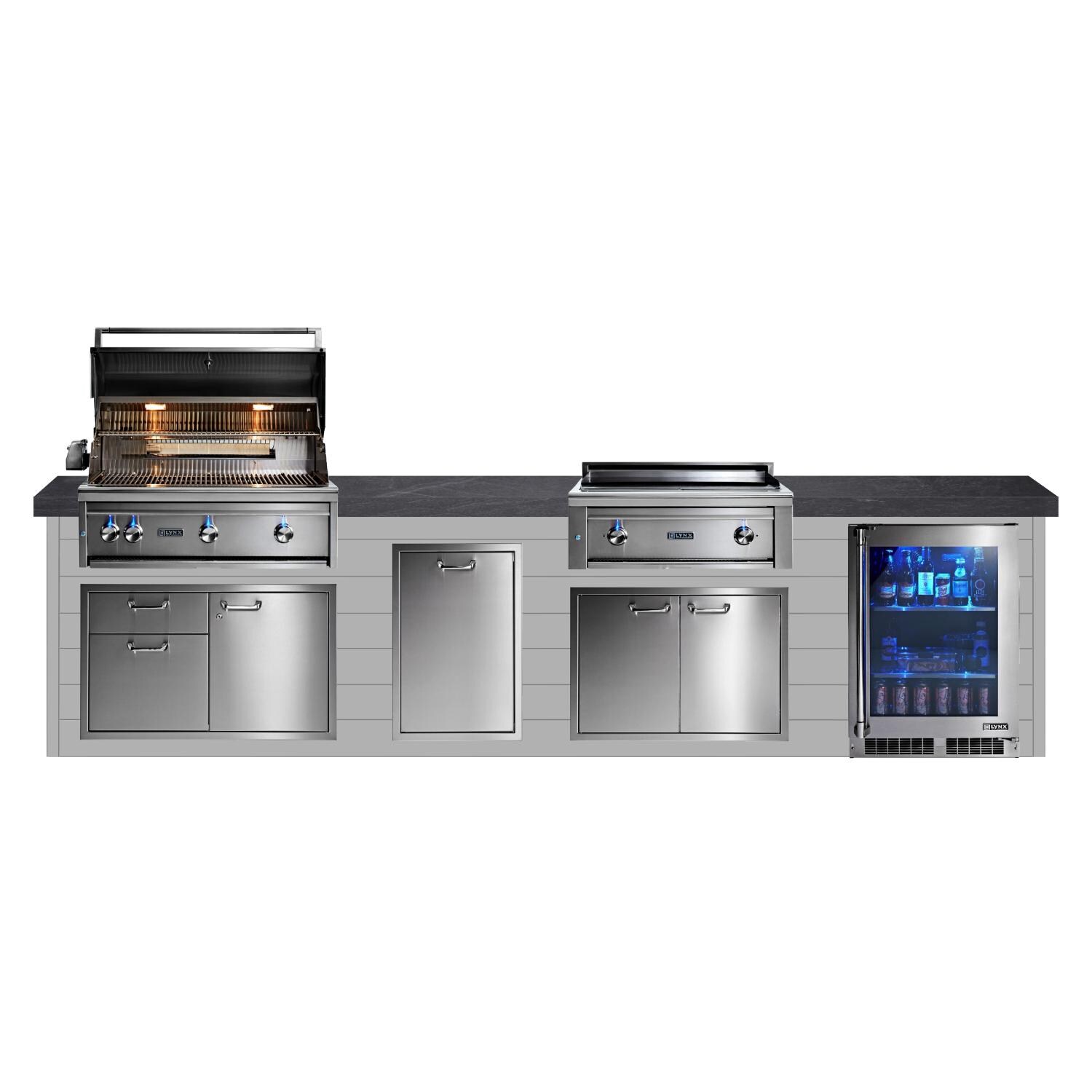 BBQGuys Signature 12ft Luxury Outdoor Kitchen w/ Lynx Professional 36-Inch Propane Grill, 30-Inch Asado Grill & Refrigerator - Light Gray Steel w/ Black Polished Granite