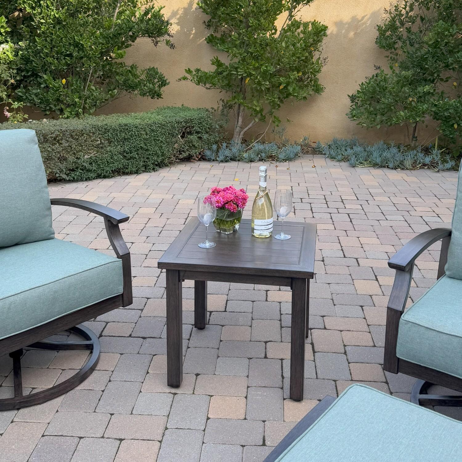 Atlantis 5 Pc Aluminum Seating Set w/ 2 Swivel Rocker Club Chairs & 2 Ottomans in Walnut/Spa by Darlee - Table Close-up - Lifestyle thumbnail