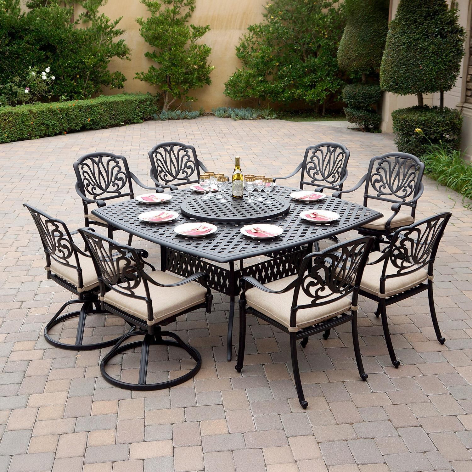 Darlee Elisabeth 10 Pc Cast Aluminum Dining Set w/ 64 Inch Series 30 Table & 4 Swivel Rockers in Antique Bronze/Beige Canvas - Set - Lifestyle thumbnail