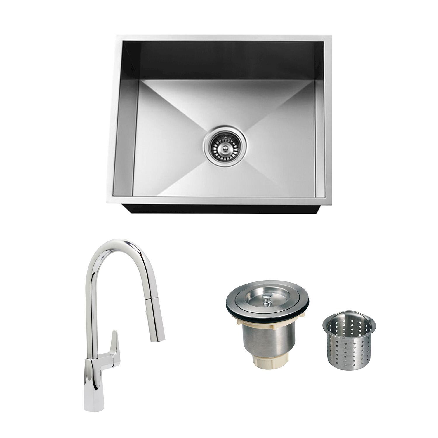 Urban Place Zero-Edge 24 X 19 Stainless Steel Outdoor Sink with Huntington Brass Dual Spray 15.75 Inch High Pull Down Faucet, Grid and Strainer Basket