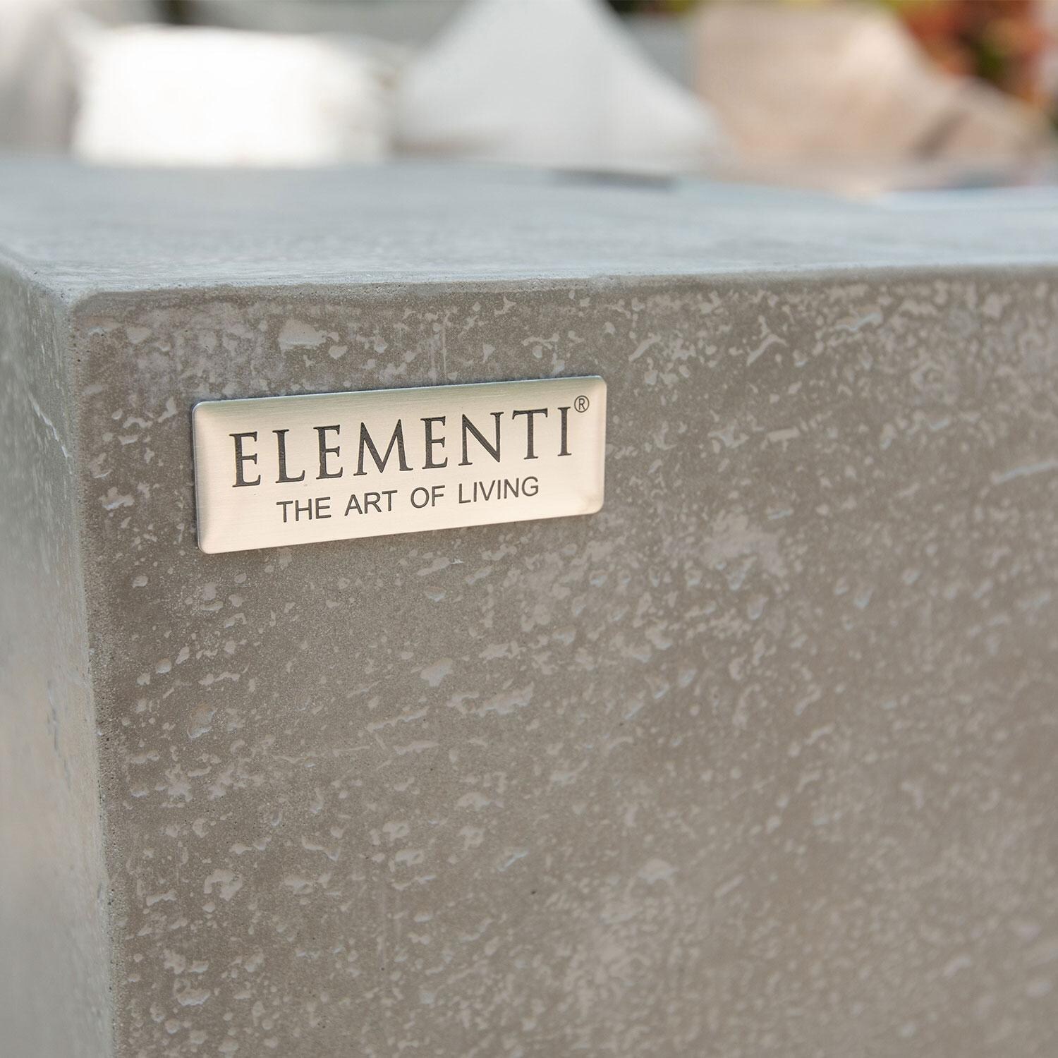 Andes 66 Inch Hidden Tank Rectangle GFRC Concrete Propane Fire Table in Light Gray By Elementi - Logo - Detail thumbnail