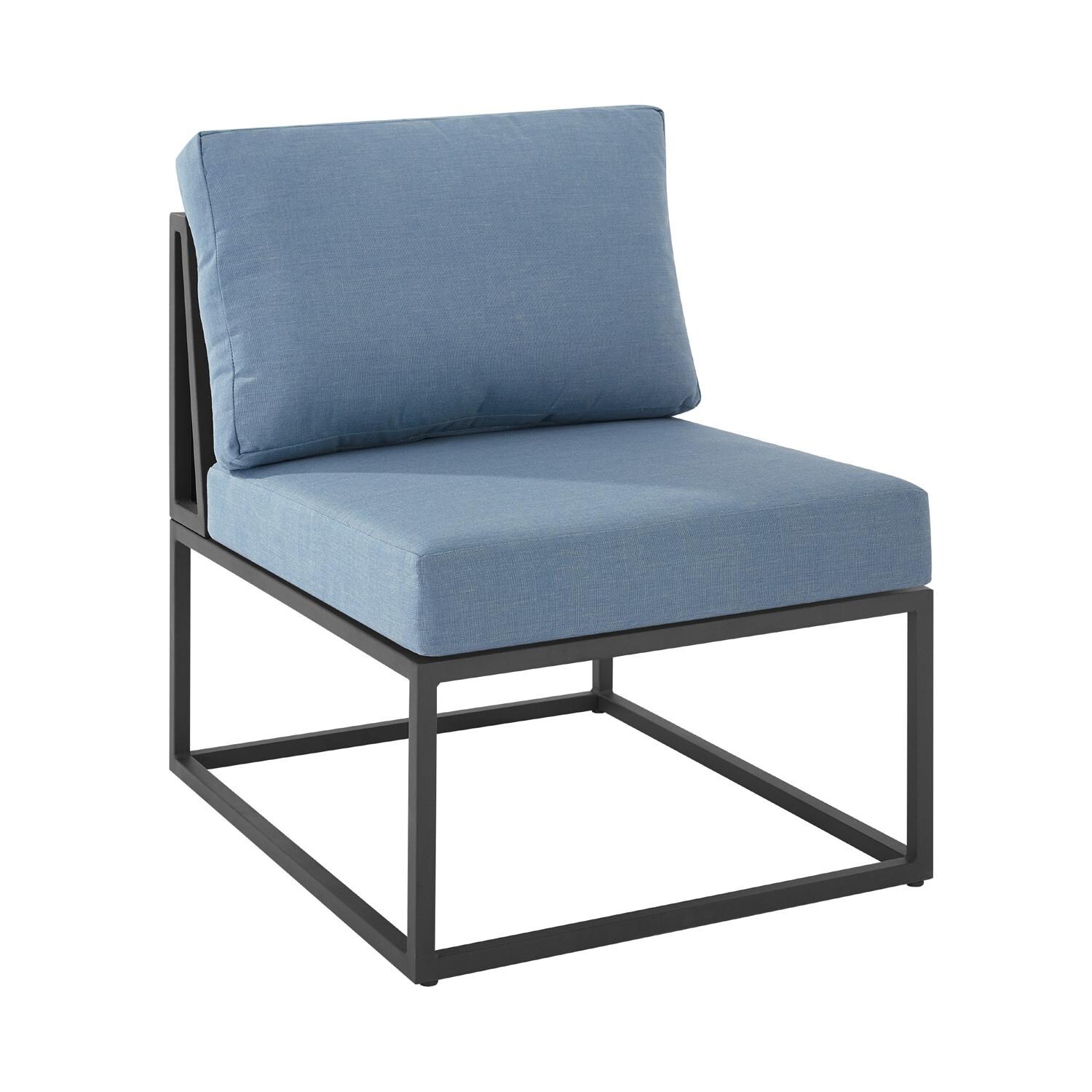 Walker Edison Trinidad Steel Patio Armless Sectional Club Chair W/ Blue Cushions image