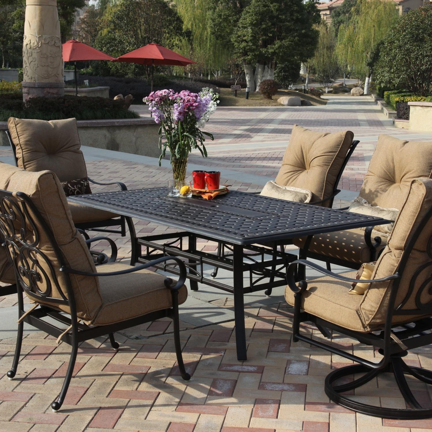 Darlee Santa Anita 7 Pc Cast Aluminum Dining Set w/ 72 X 42-in Series 88 Table & 2 Swivel Rockers in Antique Bronze/Heather Beige Sunbrella by