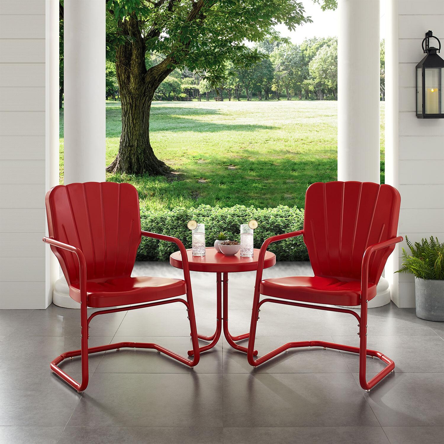 Ultimate Patio UP-32245RE 3Pc Retro Outdoor Chair Set in Red Gloss - Angled On Patio - Lifestyle thumbnail