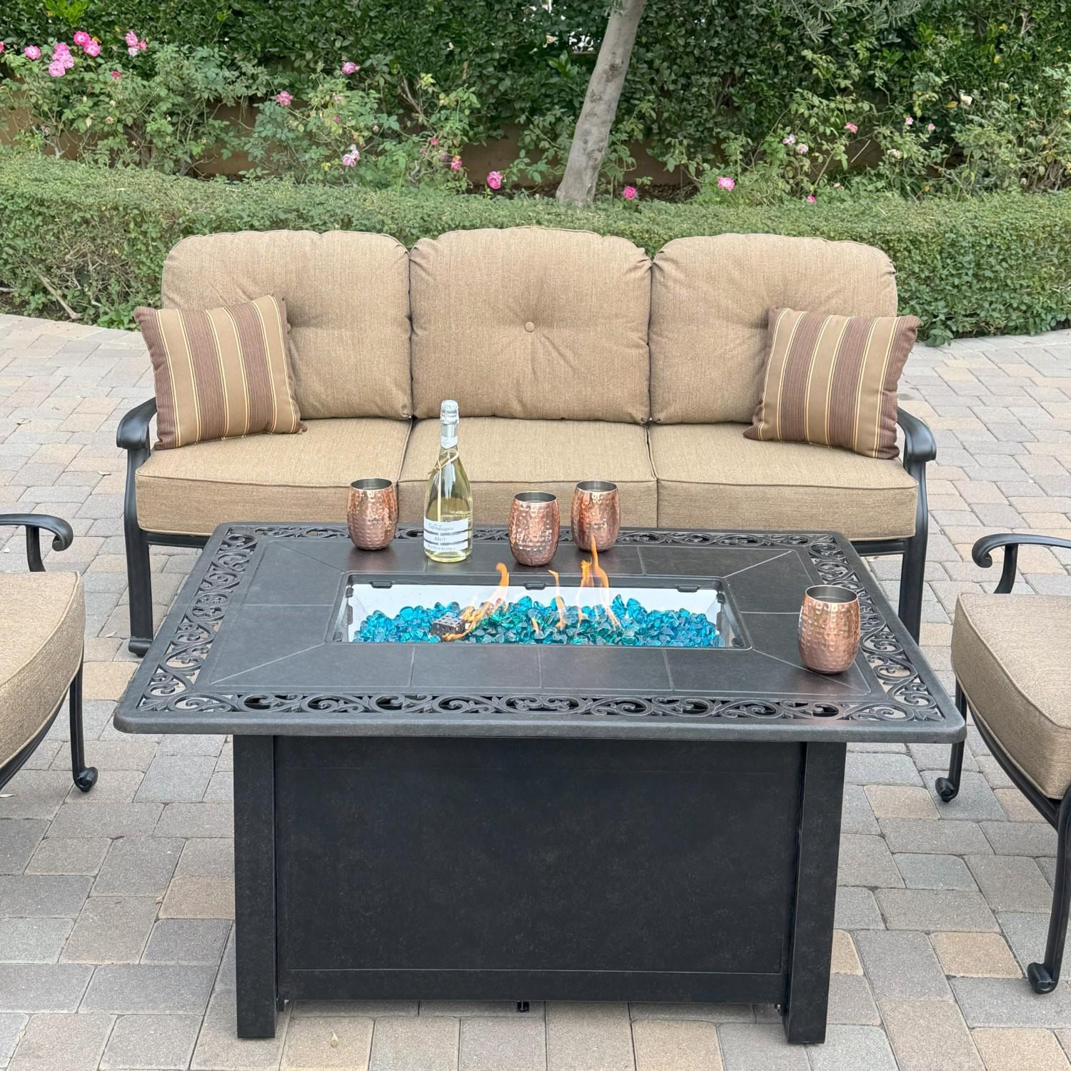 Elisabeth 6 Pc Set Cast Aluminum Seating Set w/ 49 X 35 Inch Fire Pit Table w/  Club Chairs, Sofa, and Ottoman in Sesame/Antique Bronze by Darlee - Close Up - Lifestyle thumbnail