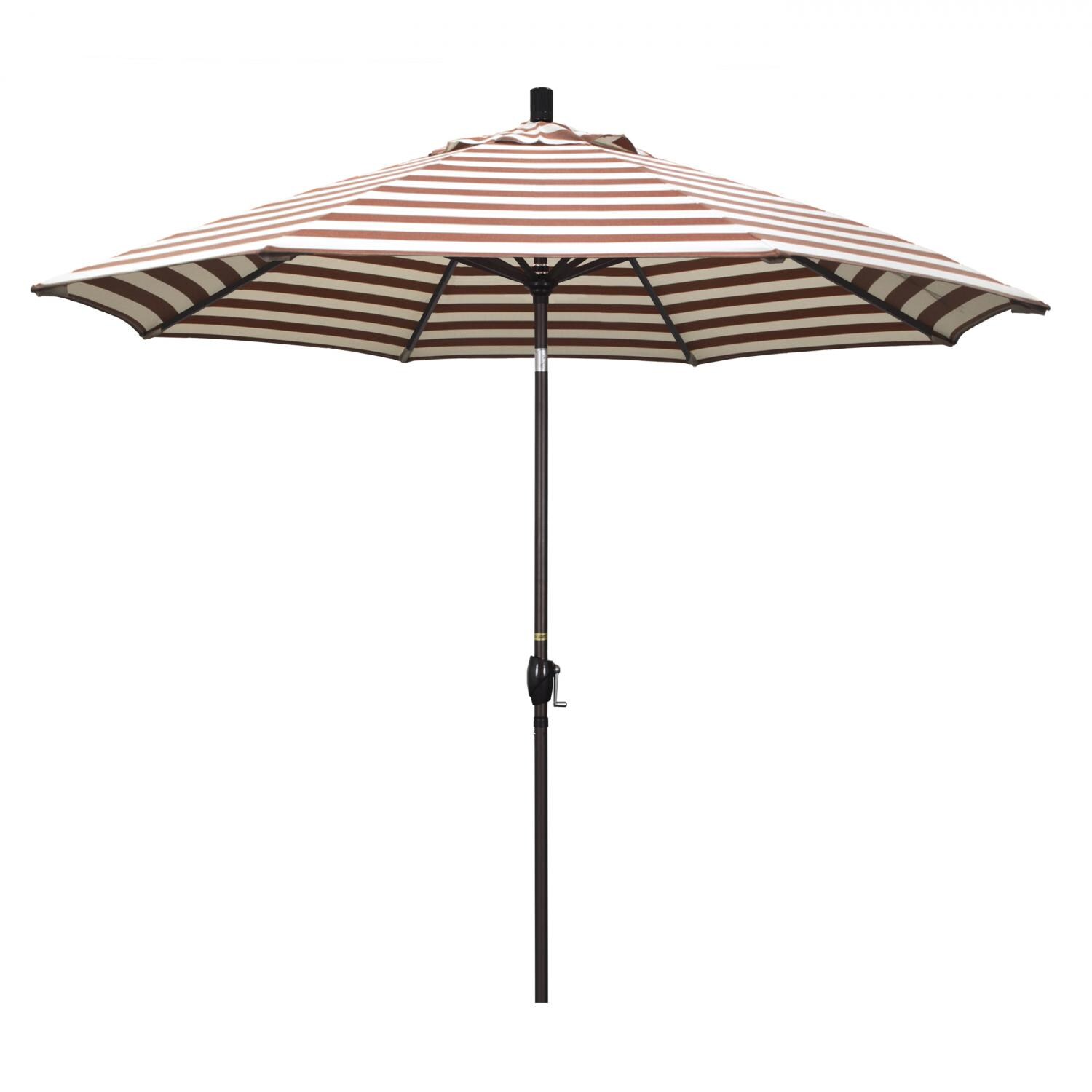 California Umbrella Pacific Trail Series 9 Ft Octagonal Aluminum Push Button Tilt Patio Umbrella W/ Crank Lift - Bronze Frame / Olefin Brick White Cabana Stripe Canopy image