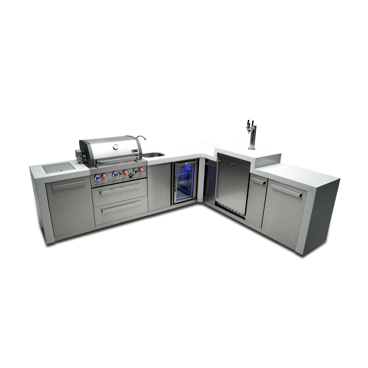 Mont Alpi Deluxe Series 11.5 Ft L-Shaped Natural Gas Outdoor Kitchen Island w/ Side Burner, Beverage Center & Kegerator (Ships Propane w/ Conversion Kit) - MAi400-D90KEGBEV
