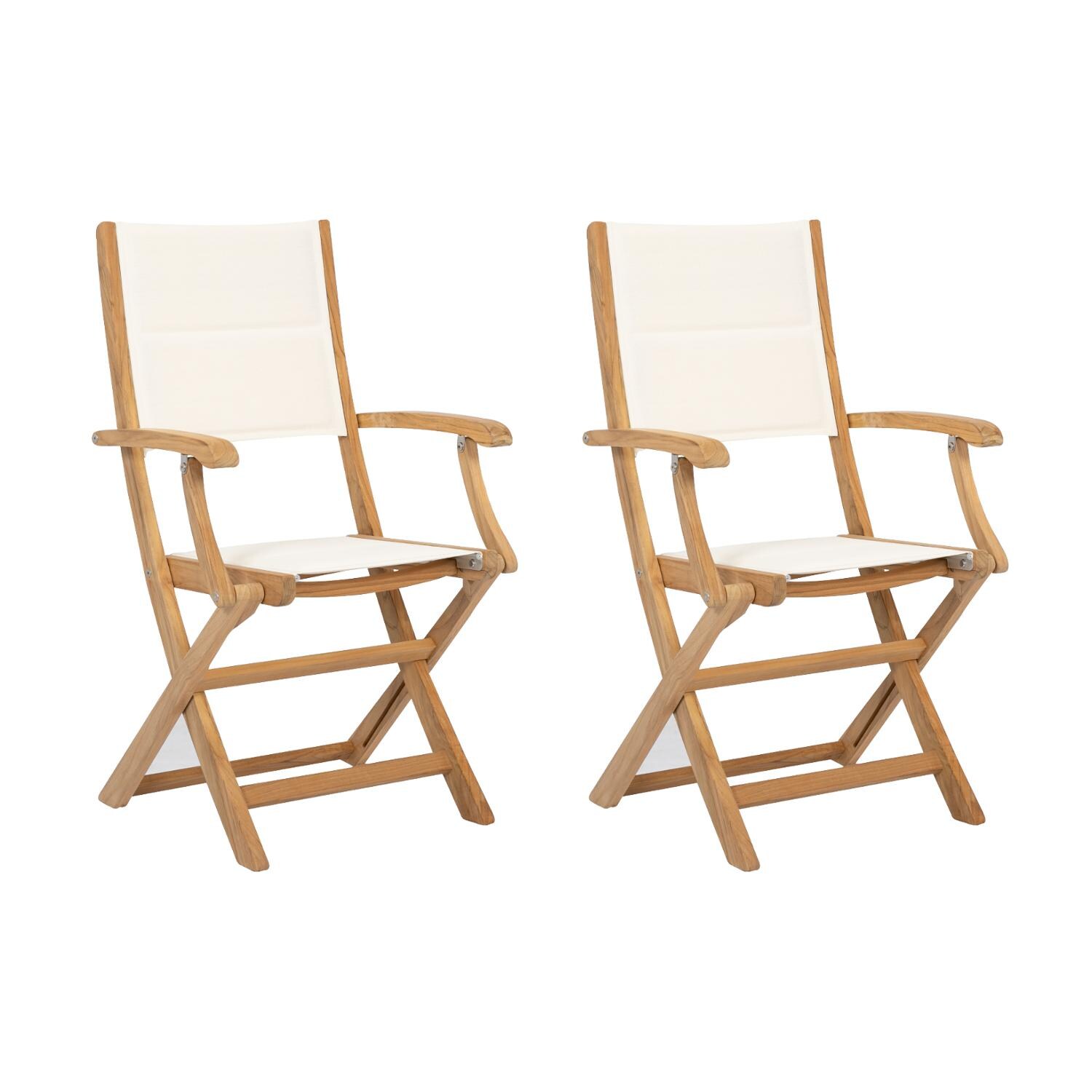 Sunset West Huntington 2 Piece Teak Foldable Patio Sling Dining Chair Set W/ Padded Phifertex Frost Slings image